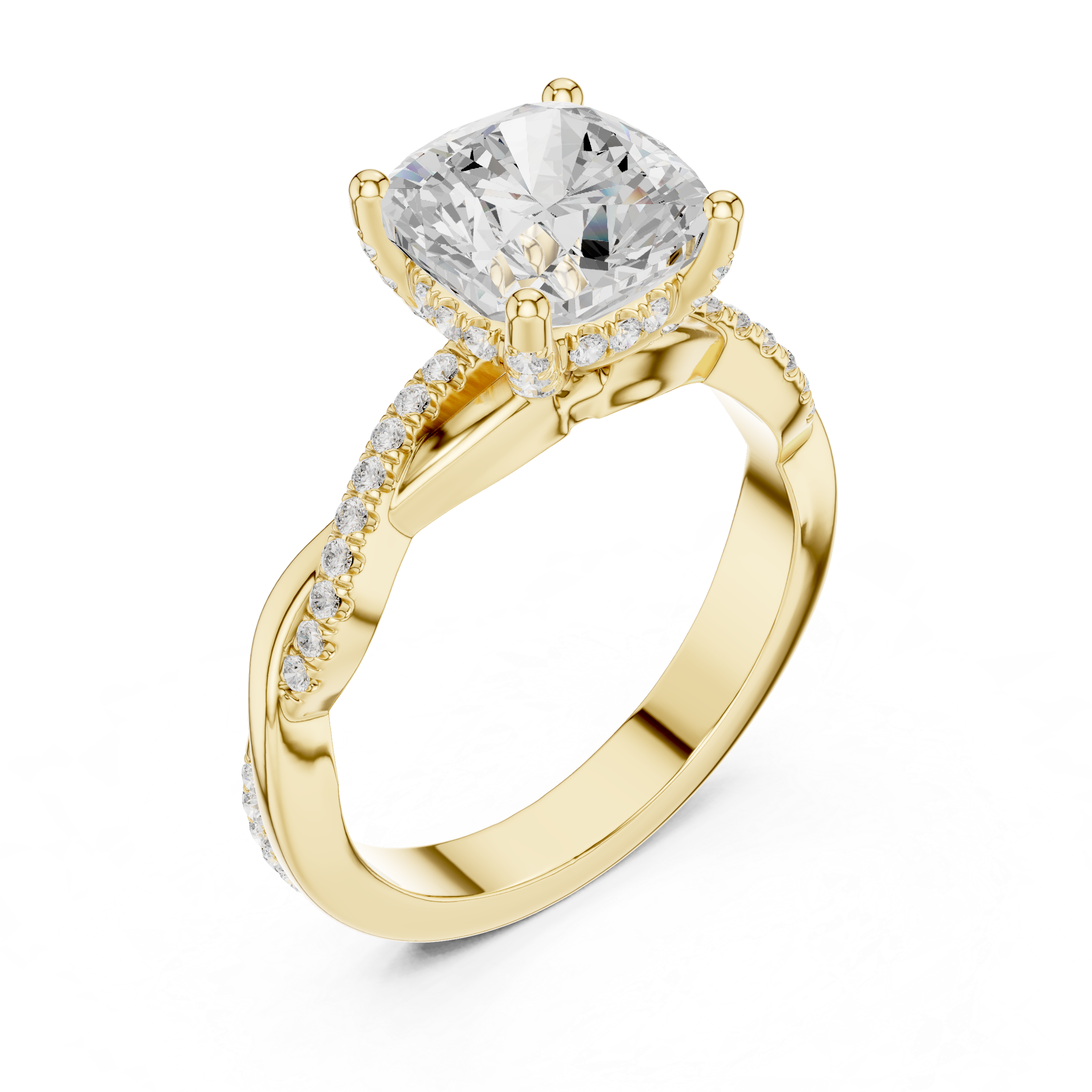 Twisted Pavé Cushion Cut Engagement Ring with Split Shank Design