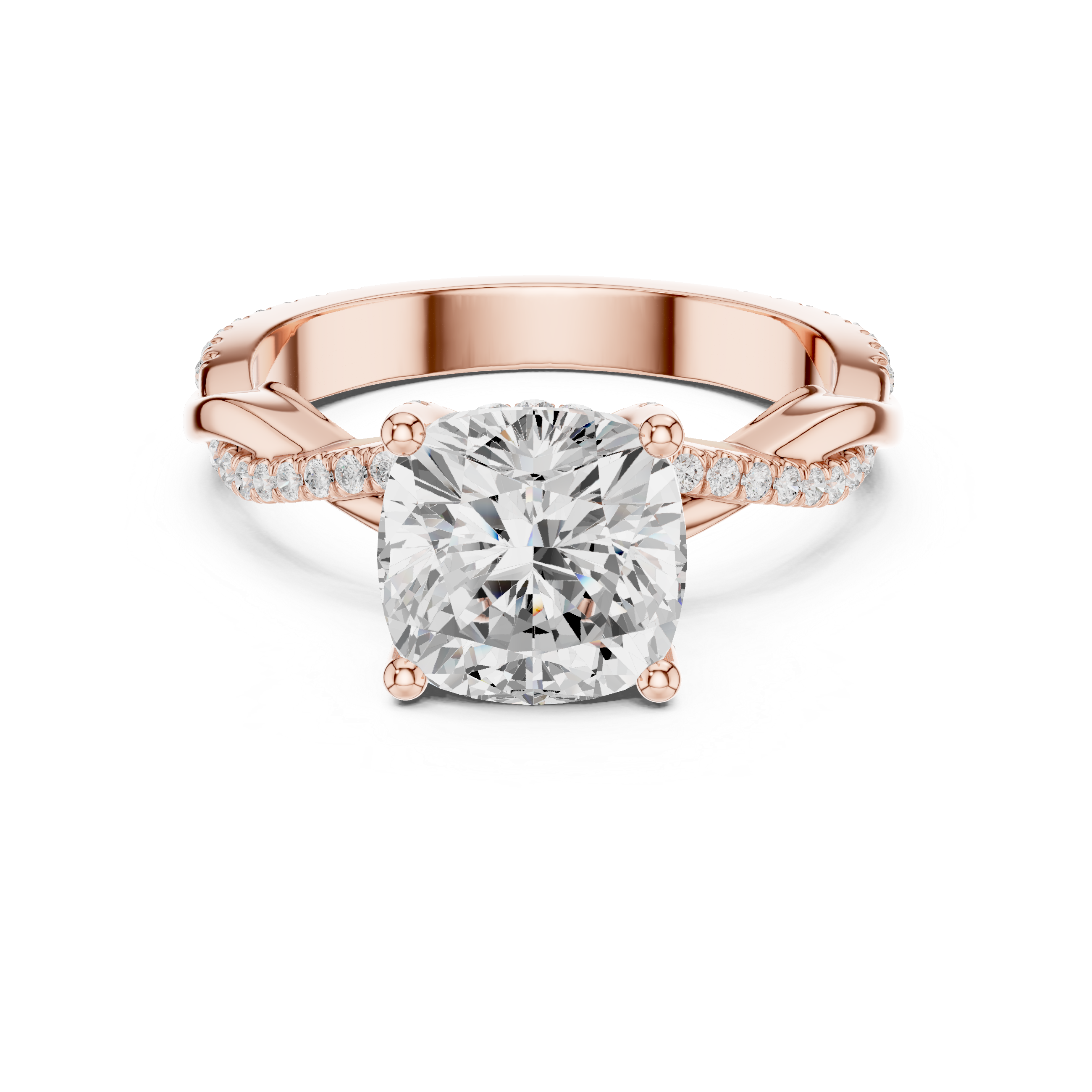 Twisted Pavé Cushion Cut Engagement Ring with Split Shank Design
