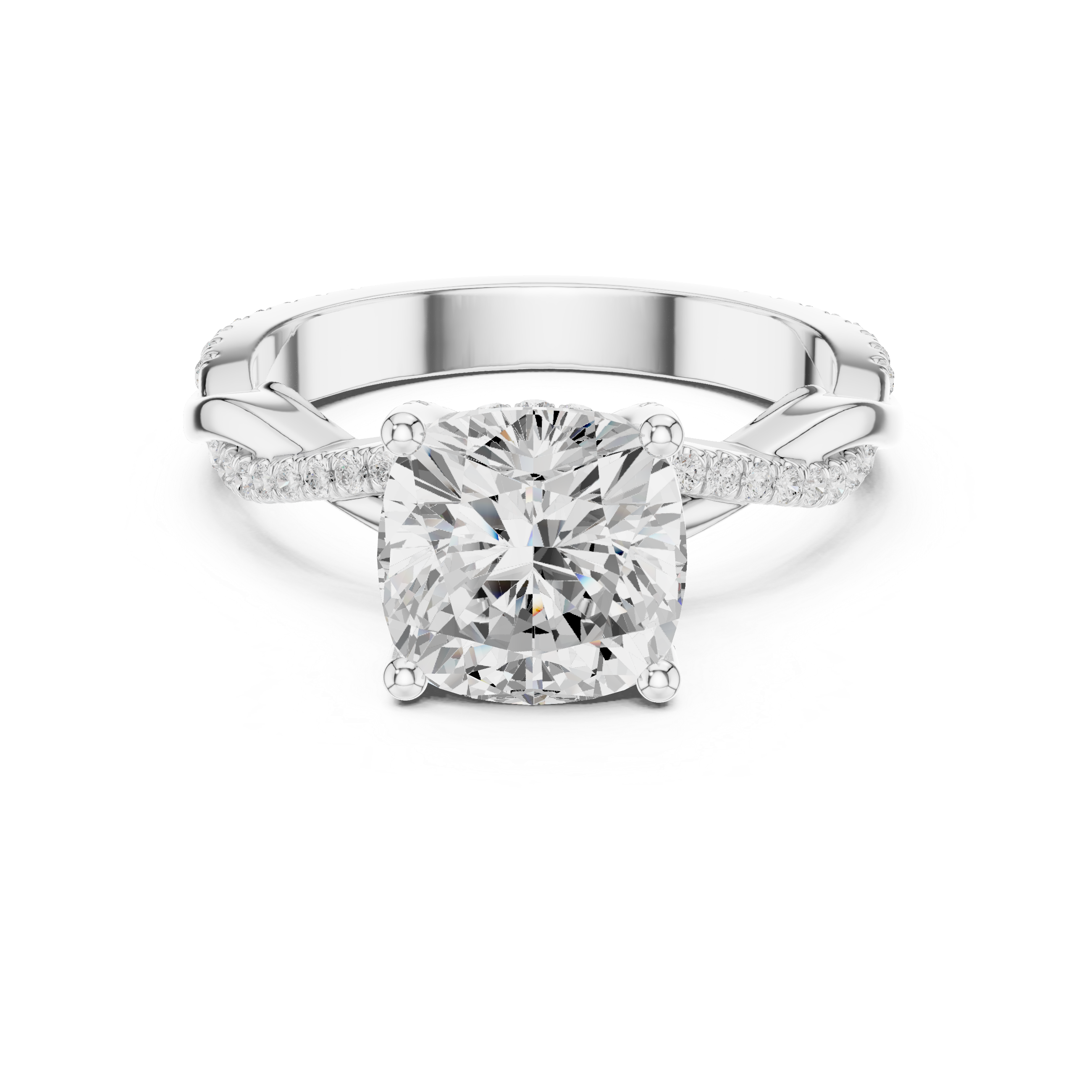 Twisted Pavé Cushion Cut Engagement Ring with Split Shank Design