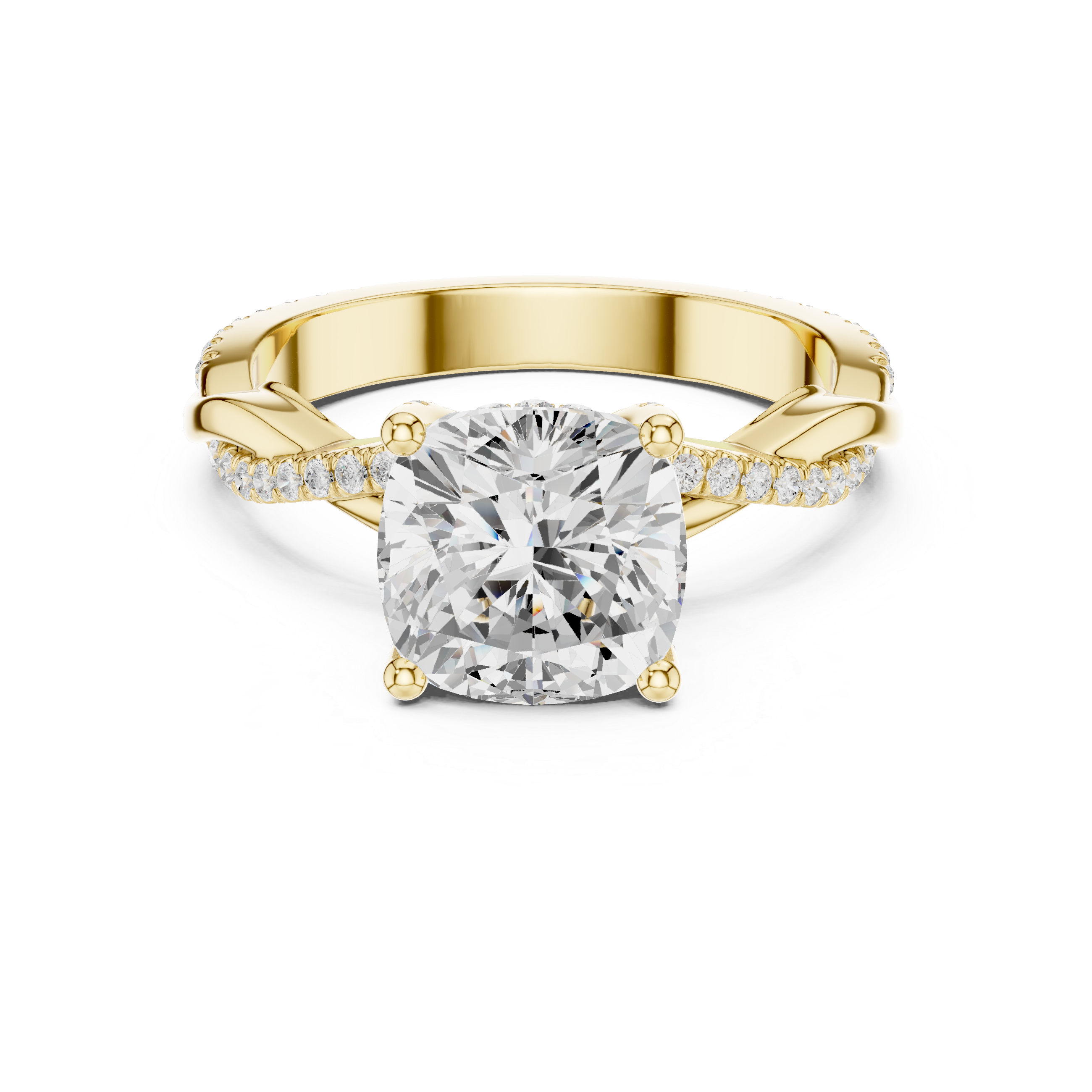 Twisted Pavé Cushion Cut Engagement Ring with Split Shank Design