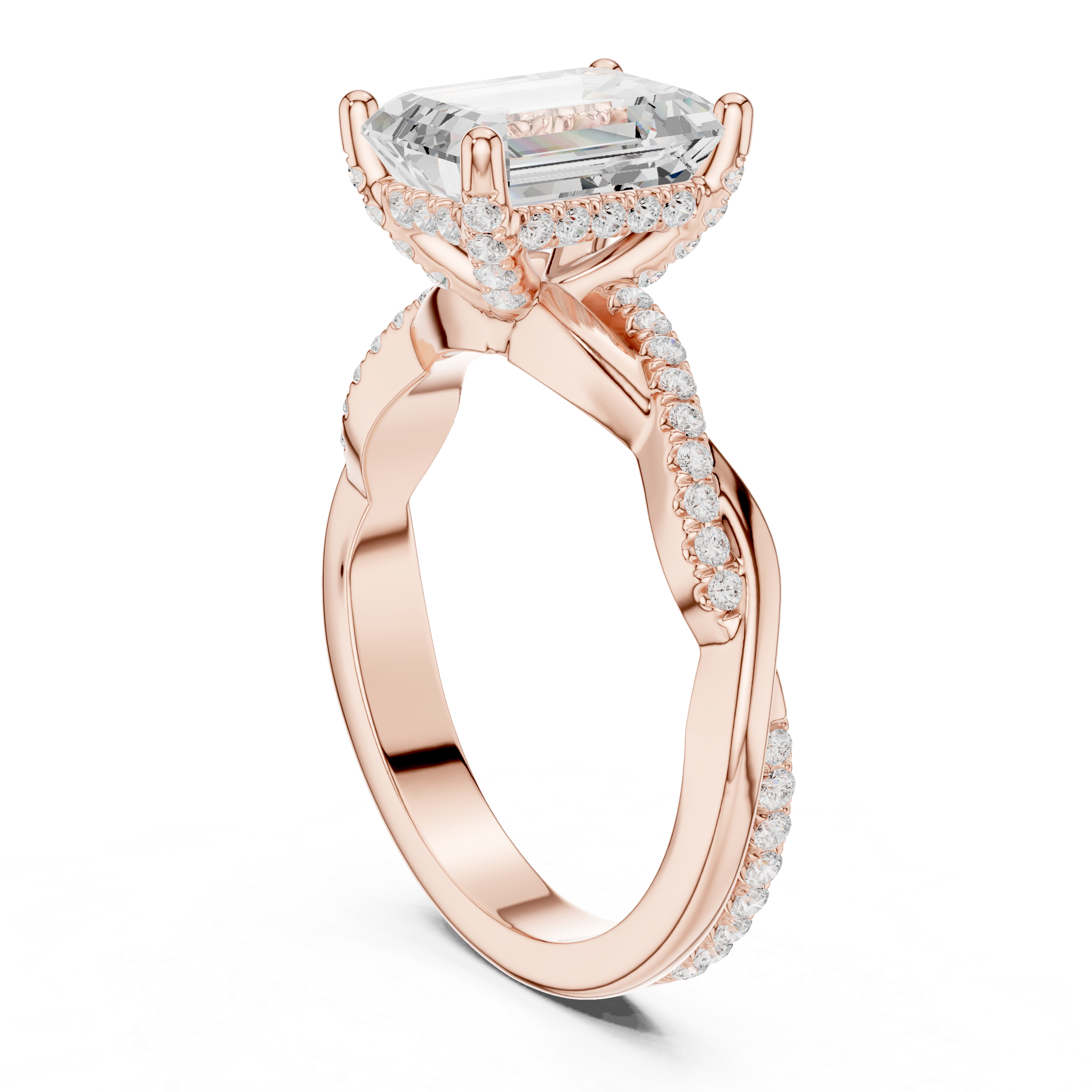 Twisted Pavé Emerald Cut Engagement Ring with Split Shank Design