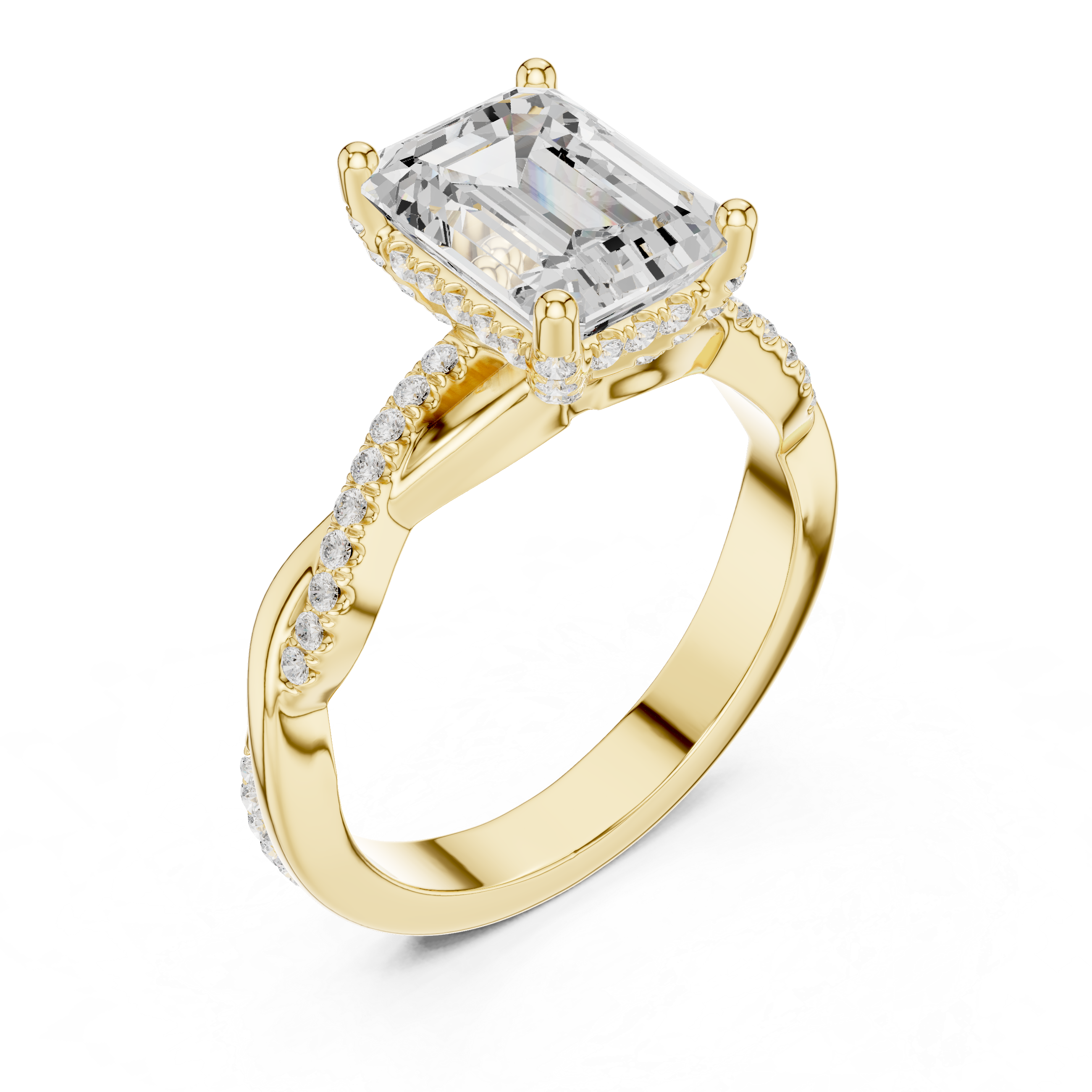 Twisted Pavé Emerald Cut Engagement Ring with Split Shank Design