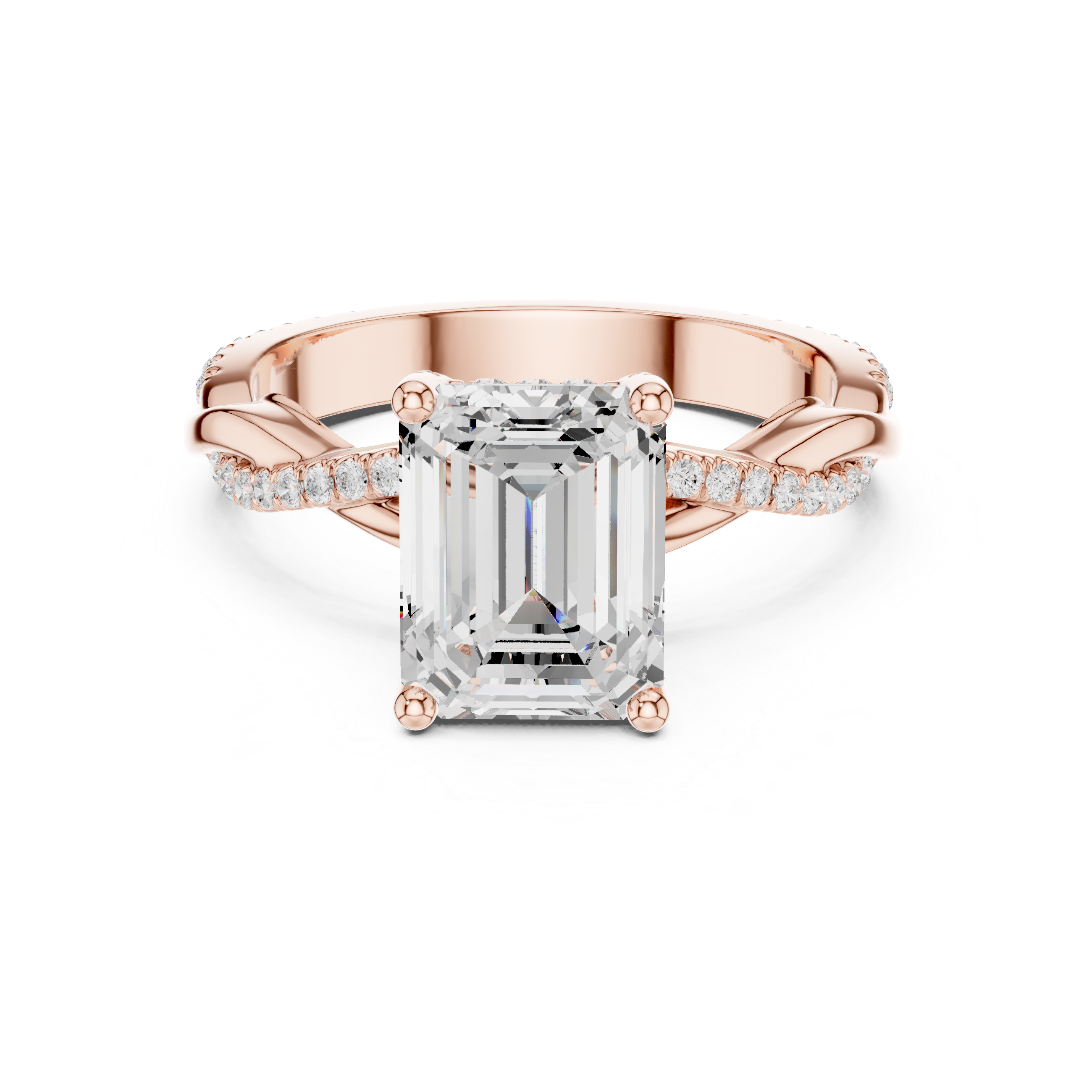 Twisted Pavé Emerald Cut Engagement Ring with Split Shank Design