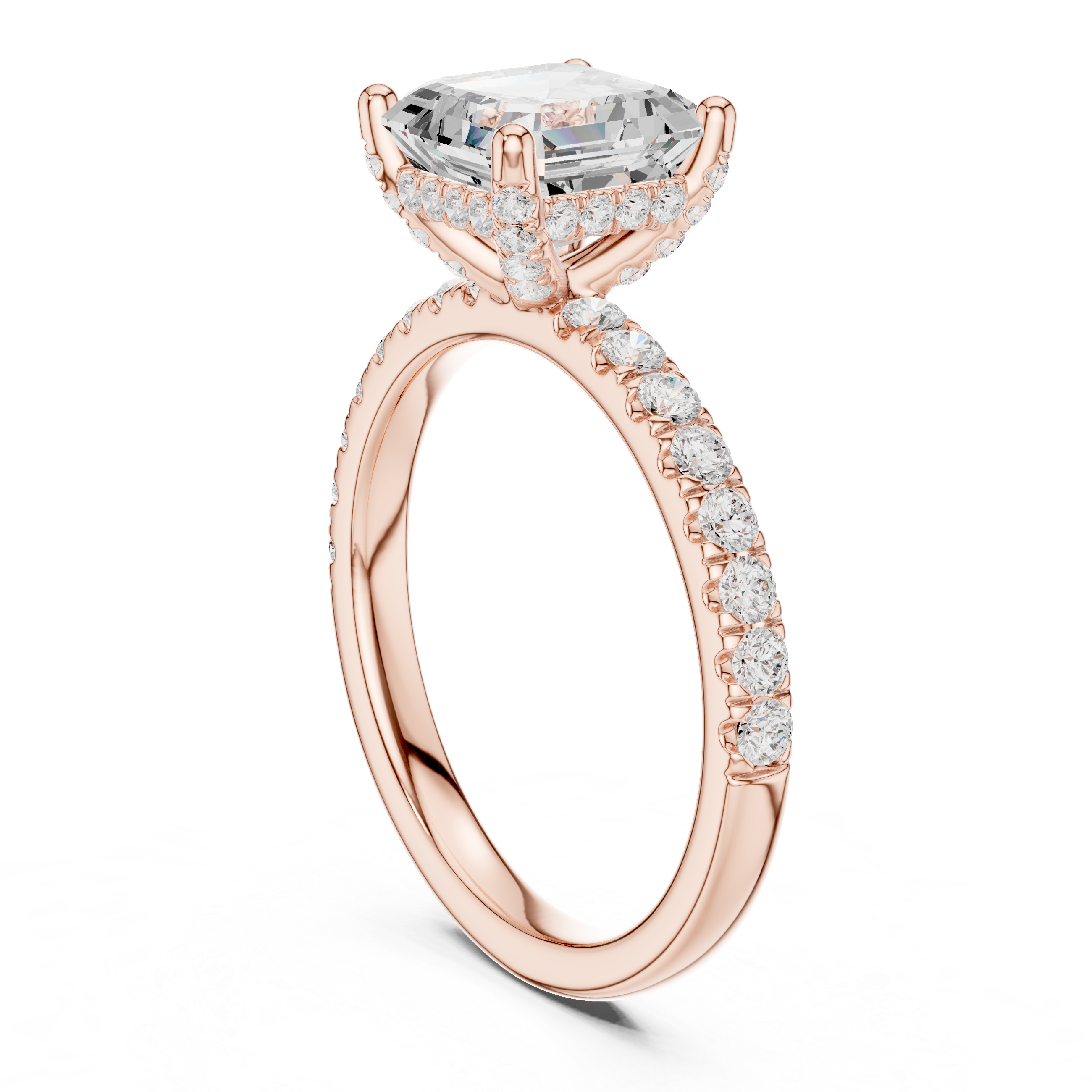 Asscher Cut Halo-Inspired Solitaire Engagement Ring with Pavé Diamond Band