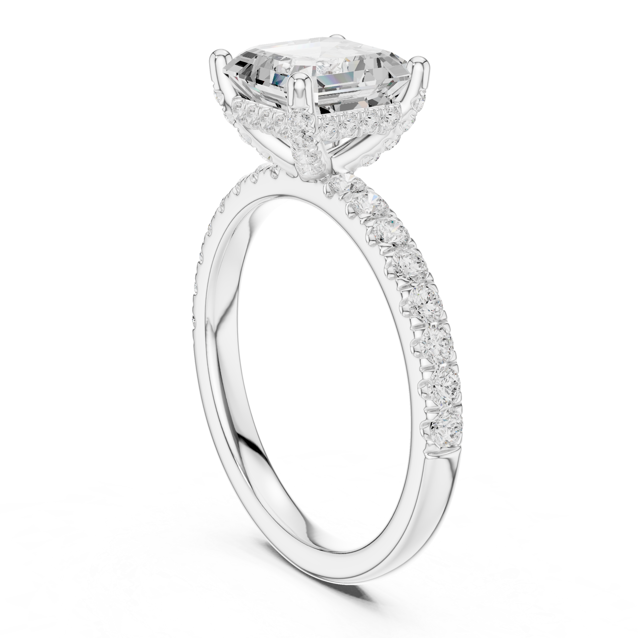 Asscher Cut Halo-Inspired Solitaire Engagement Ring with Pavé Diamond Band