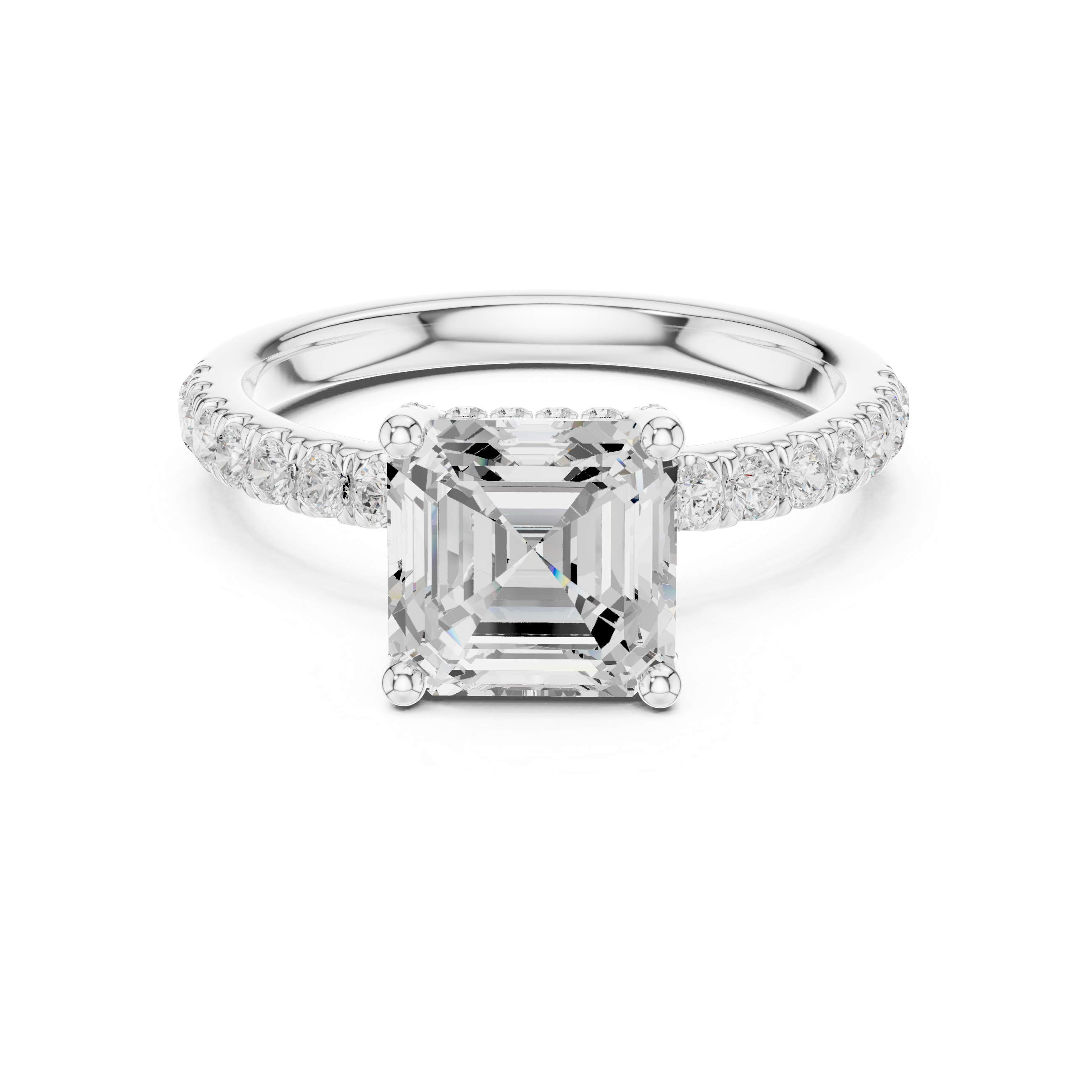 Asscher Cut Halo-Inspired Solitaire Engagement Ring with Pavé Diamond Band