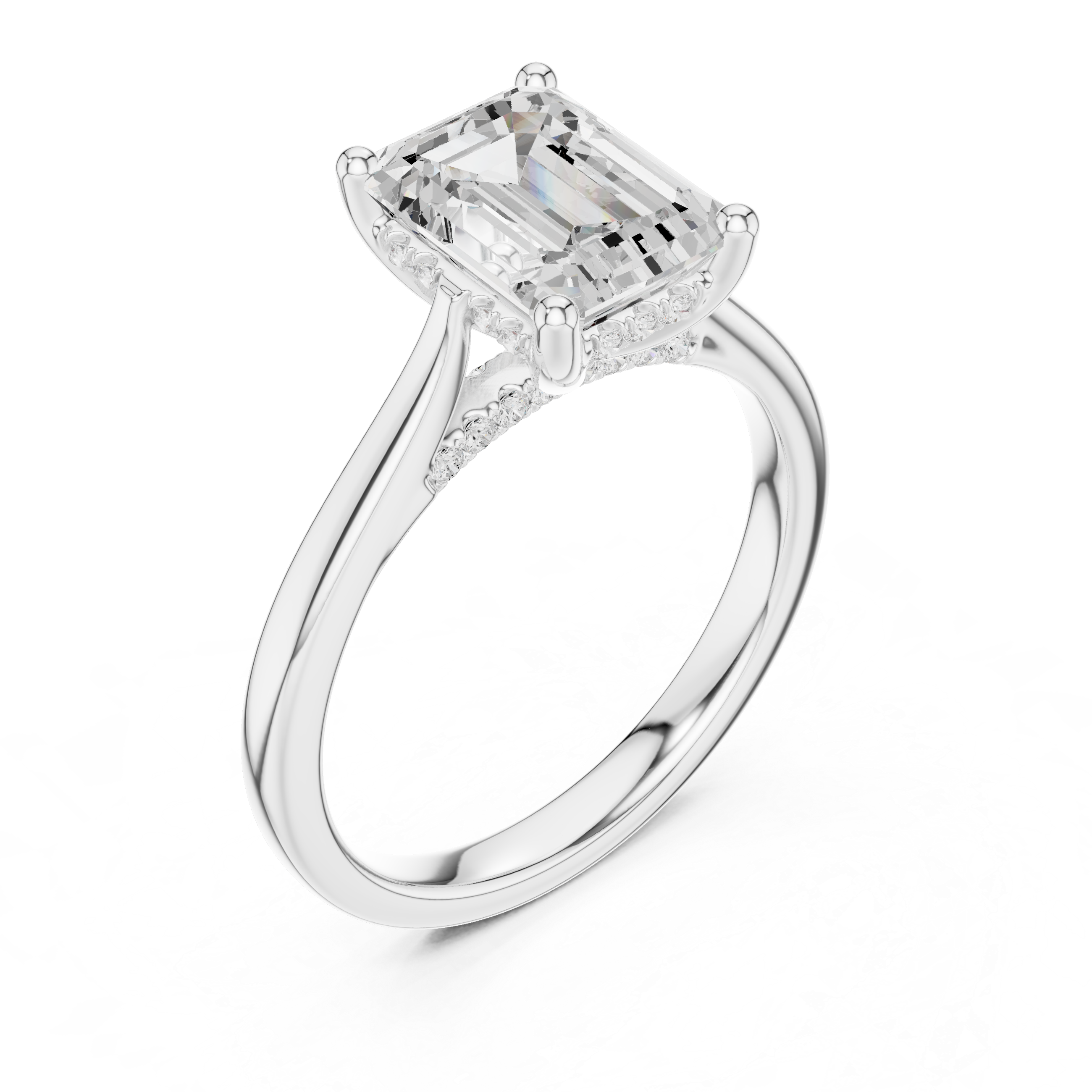Elegant Emerald Cut Solitaire Engagement Ring with Hidden Pavé Accent