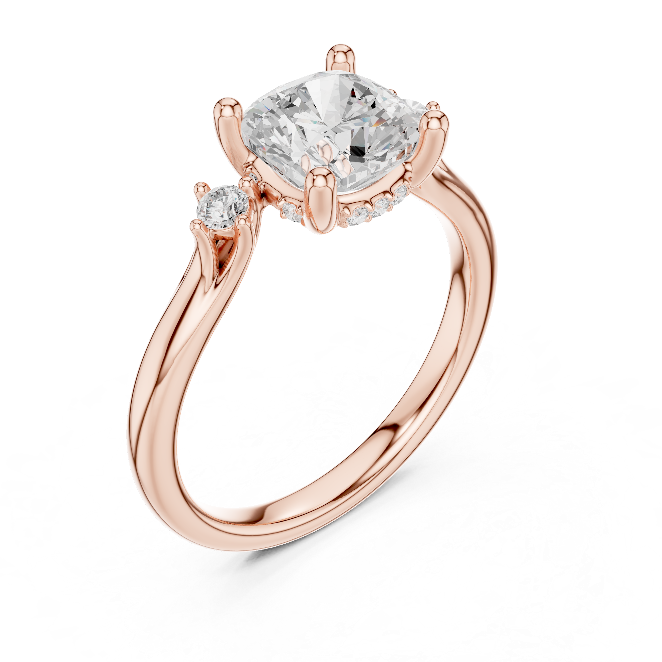 Cushion Cut Three Stone Engagement Ring with Hidden Pavé Detail