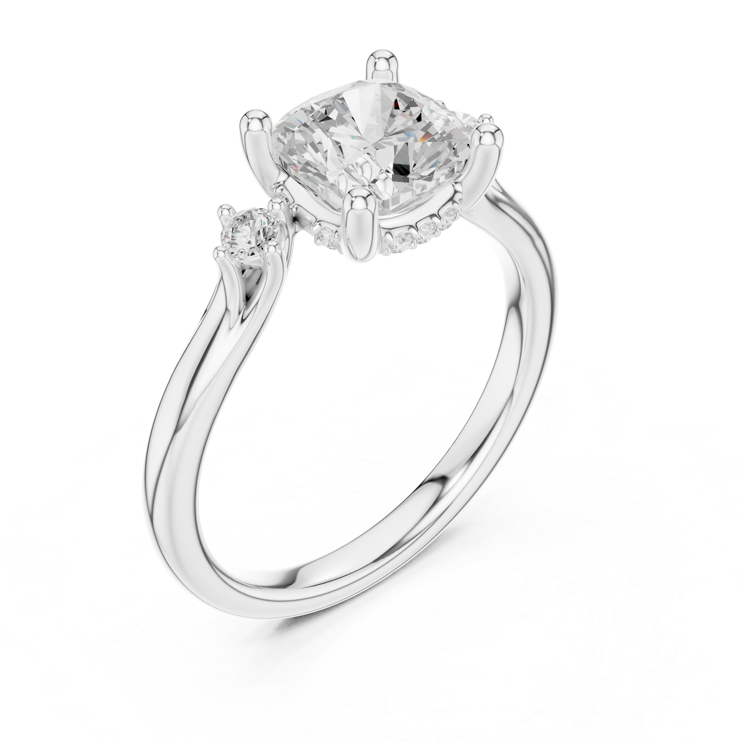 Cushion Cut Three Stone Engagement Ring with Hidden Pavé Detail