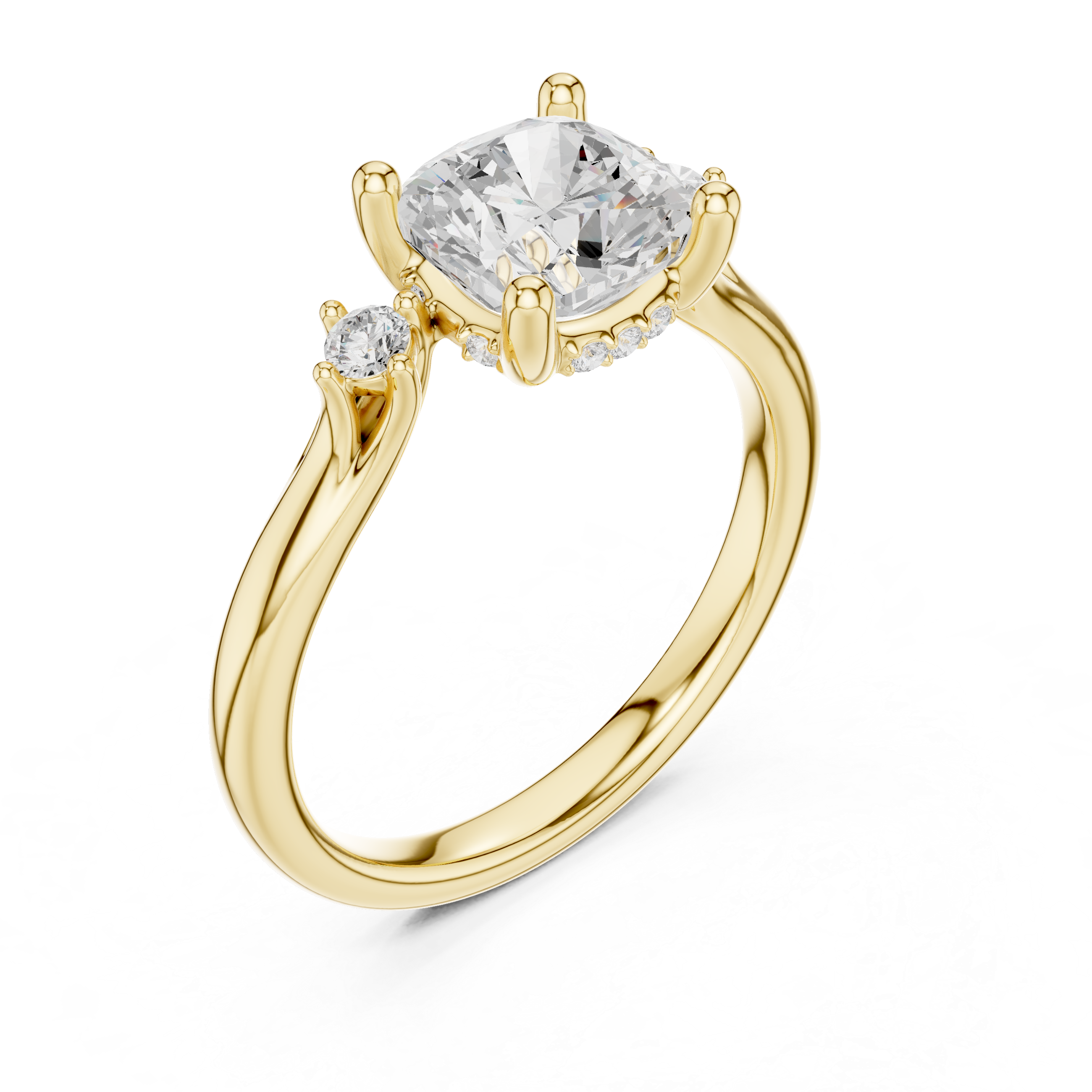 Cushion Cut Three Stone Engagement Ring with Hidden Pavé Detail