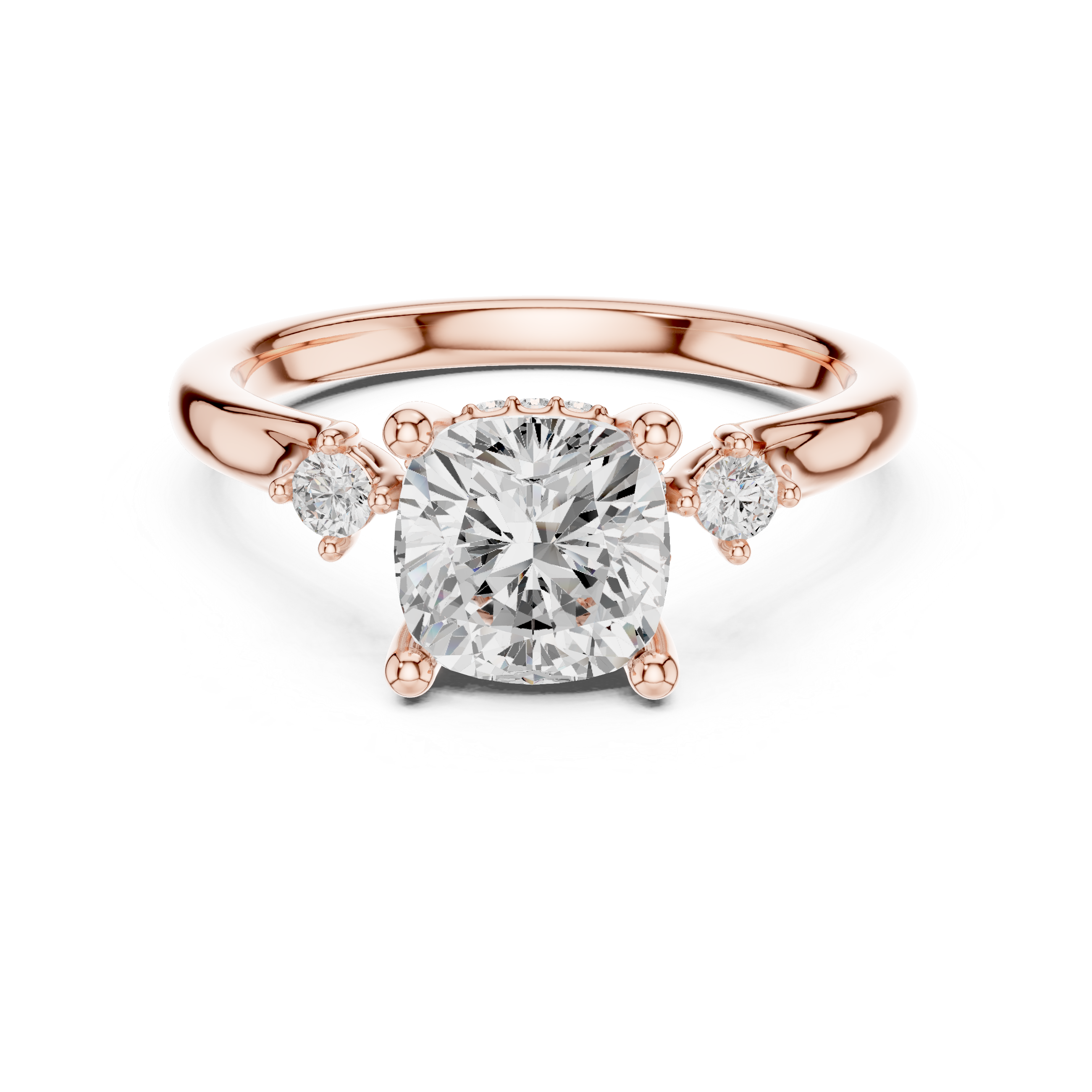 Cushion Cut Three Stone Engagement Ring with Hidden Pavé Detail