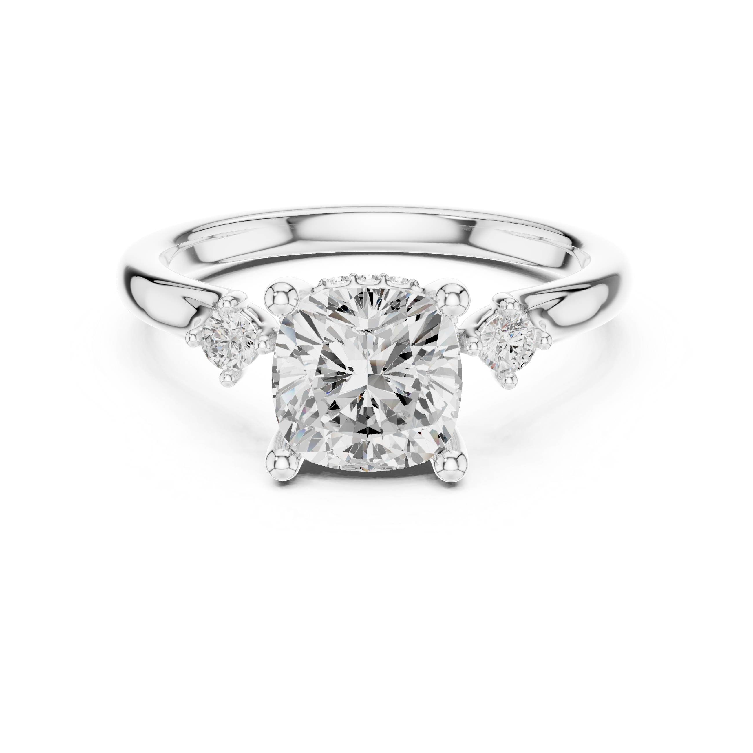 Cushion Cut Three Stone Engagement Ring with Hidden Pavé Detail