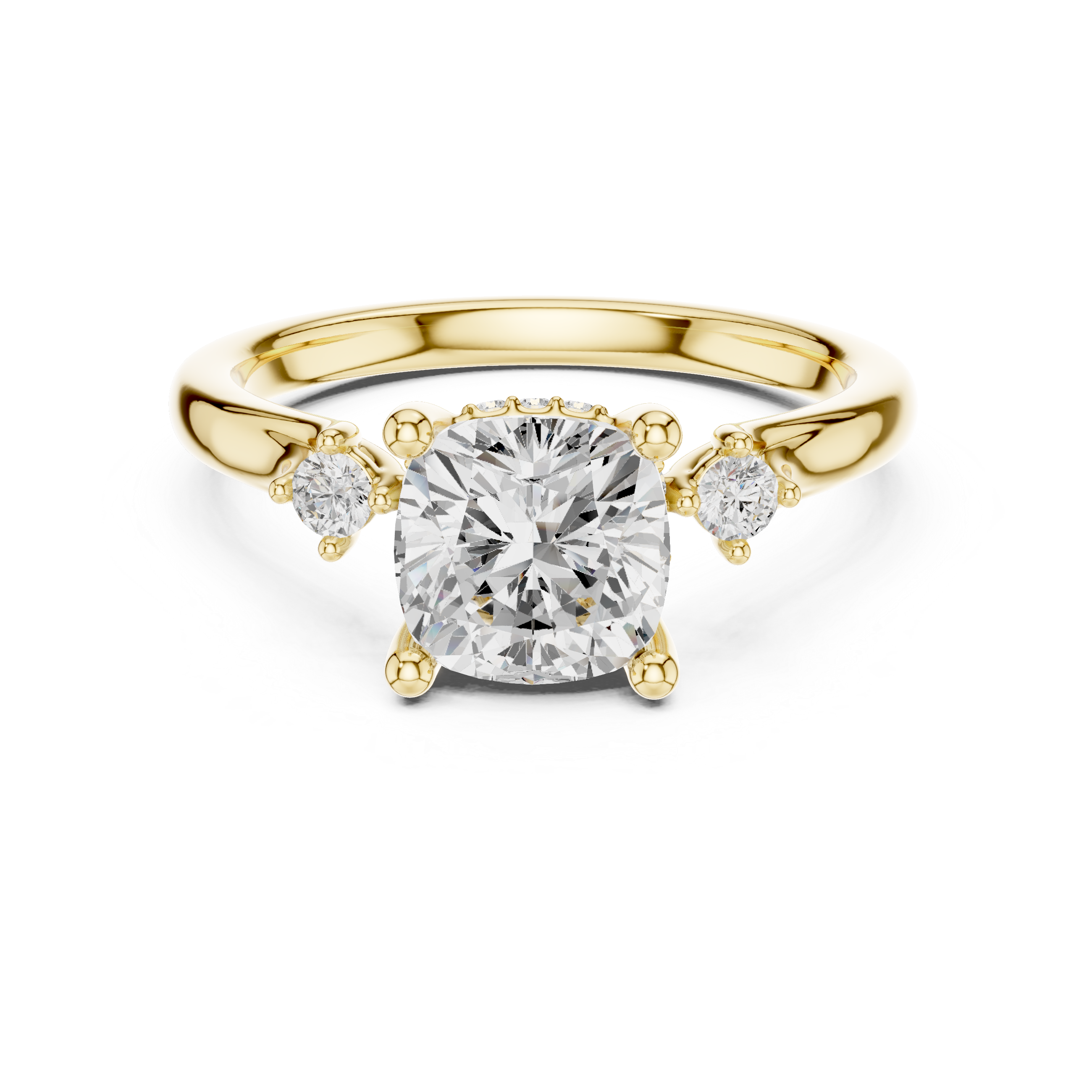 Cushion Cut Three Stone Engagement Ring with Hidden Pavé Detail