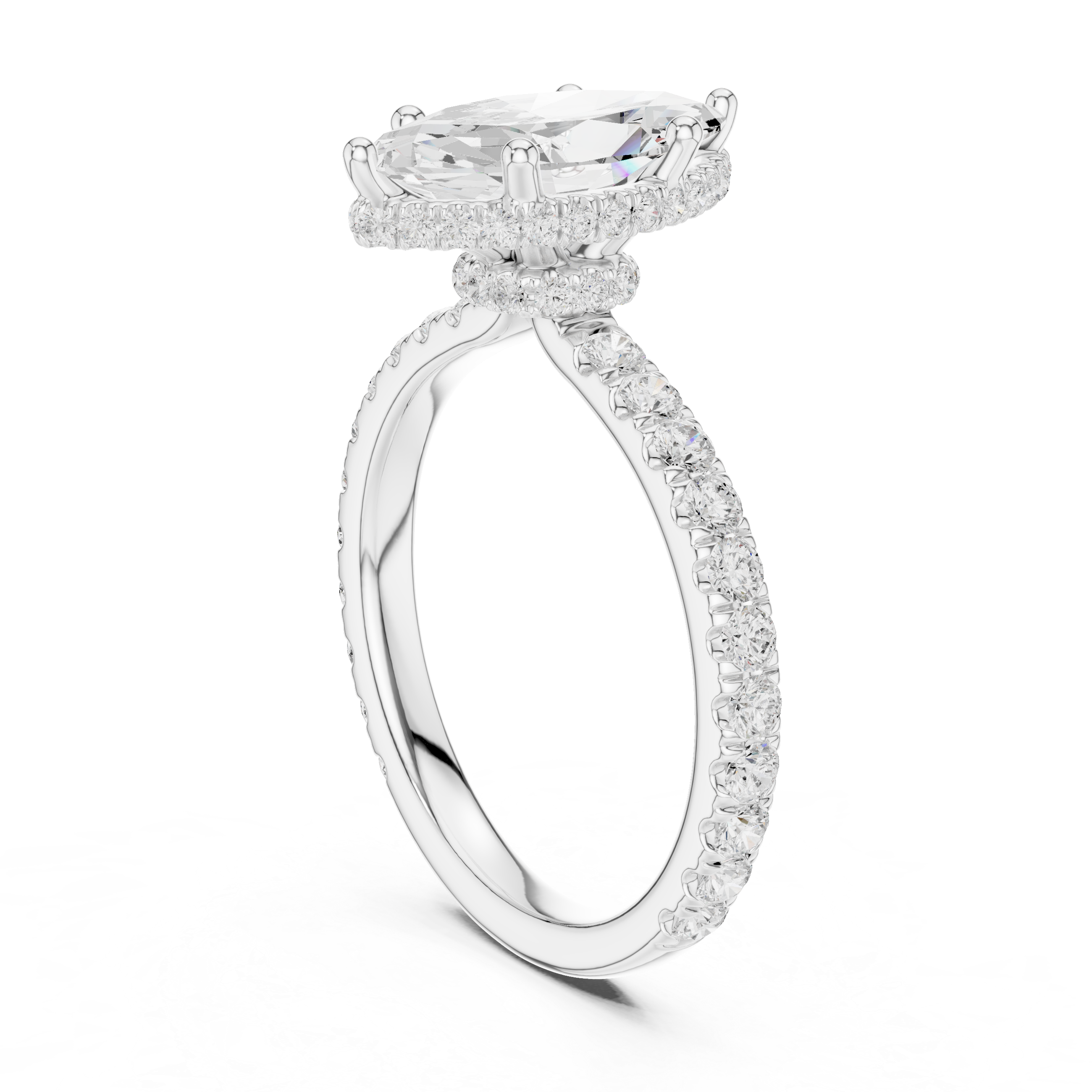 Marquise Cut Pavé Engagement Ring with Hidden Halo and Diamond Band