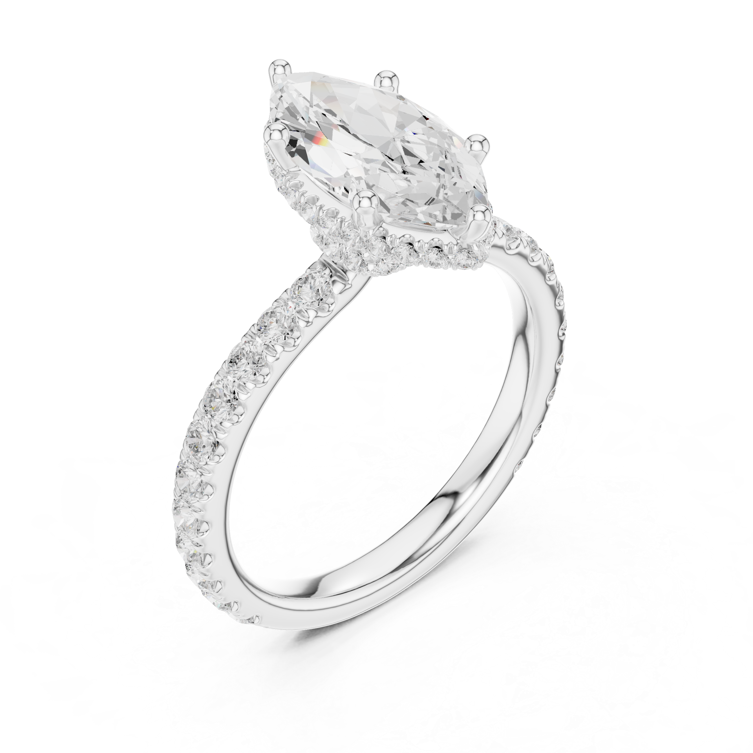 Marquise Cut Pavé Engagement Ring with Hidden Halo and Diamond Band