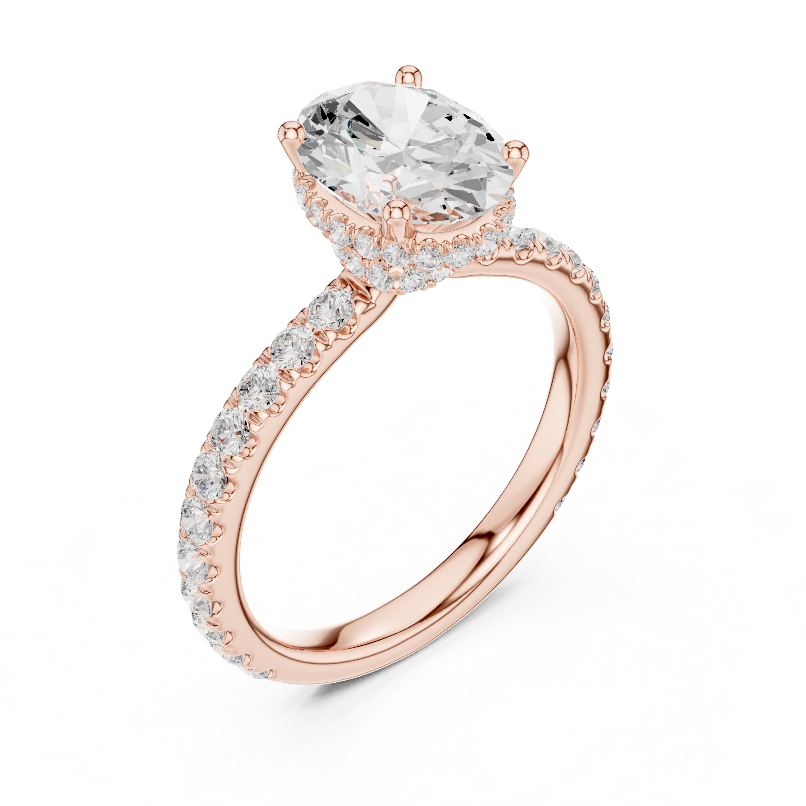 Oval Cut Pavé Engagement Ring with Hidden Halo and Diamond Band