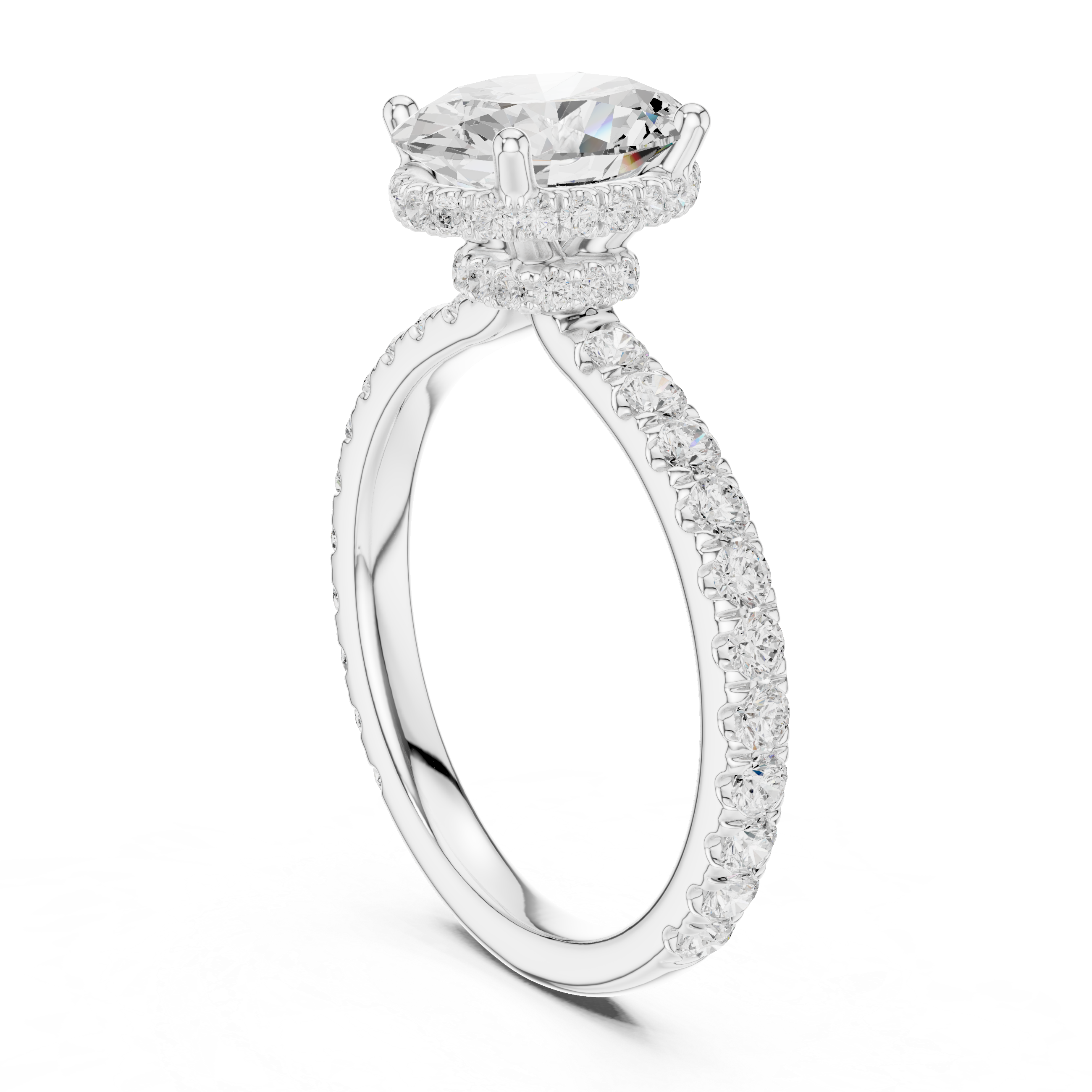 Oval Cut Pavé Engagement Ring with Hidden Halo and Diamond Band