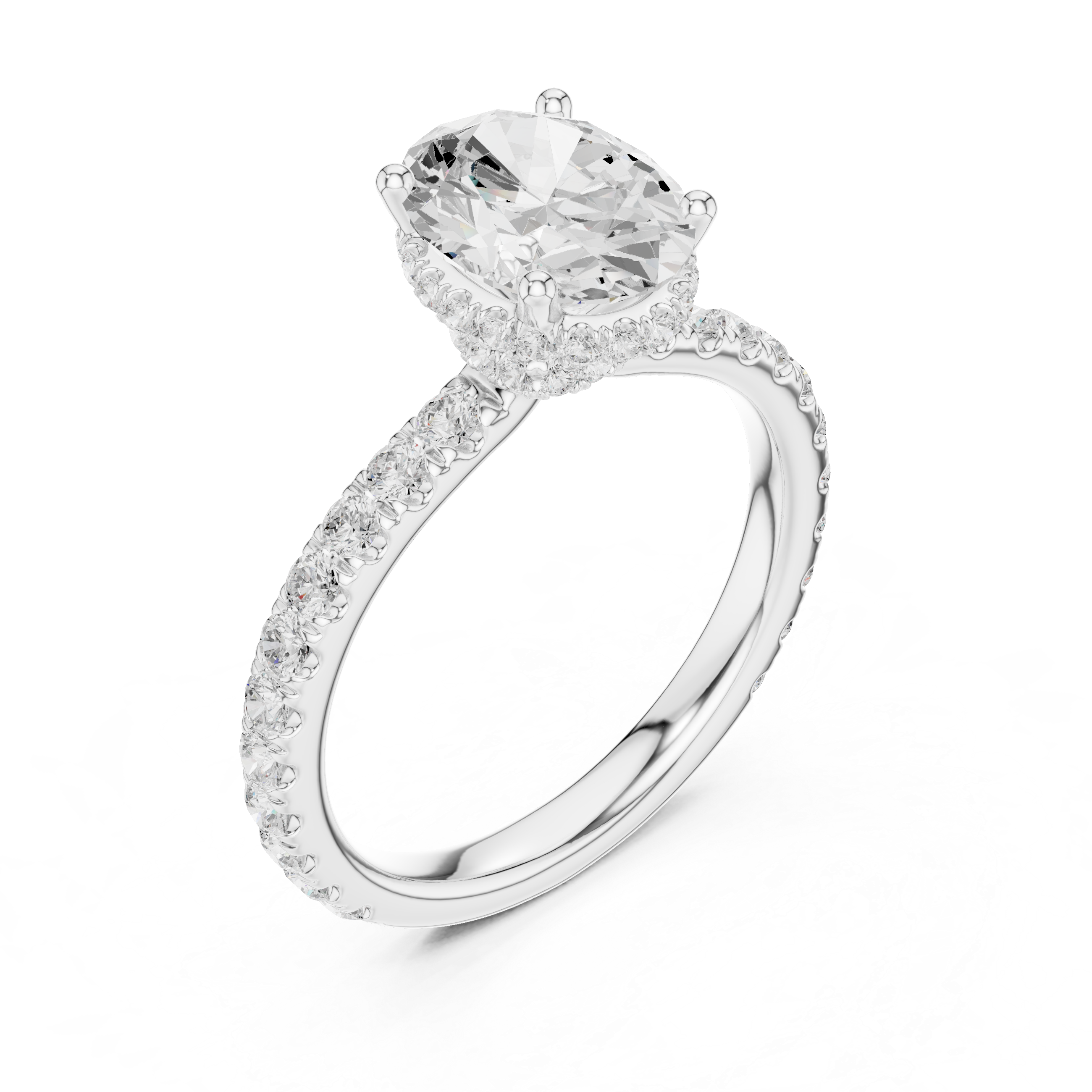 Oval Cut Pavé Engagement Ring with Hidden Halo and Diamond Band