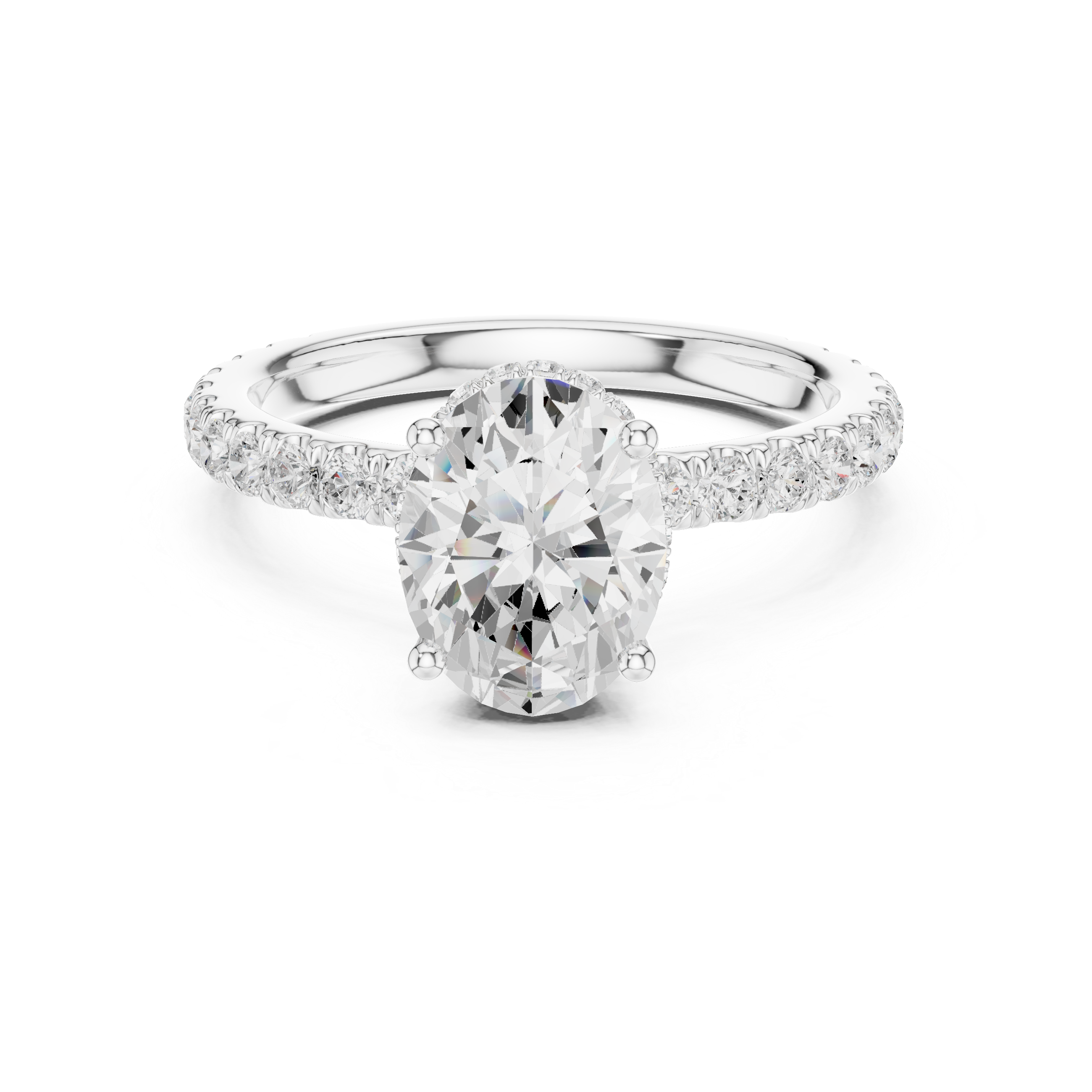 Oval Cut Pavé Engagement Ring with Hidden Halo and Diamond Band