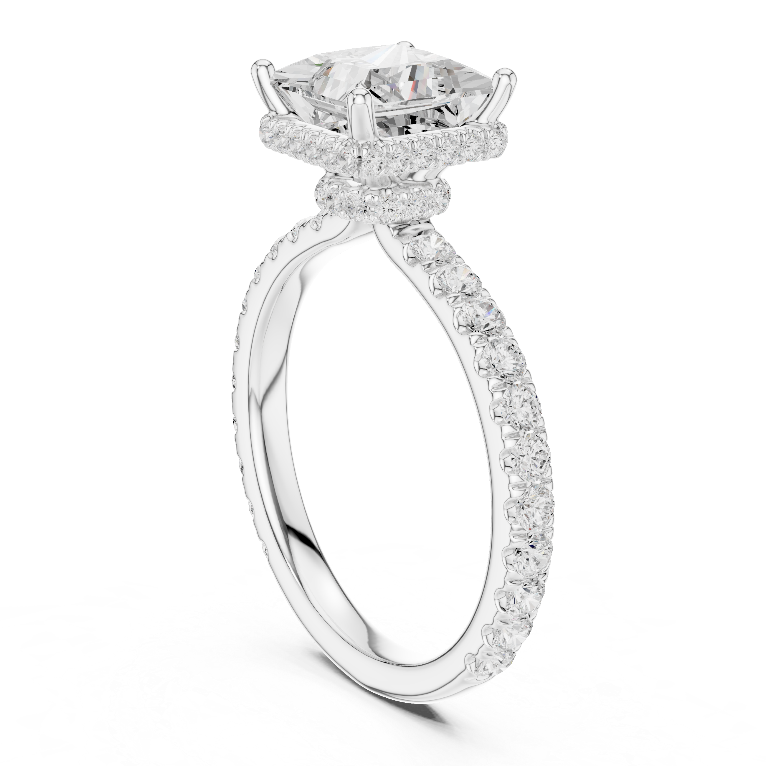 Princess Cut Pavé Engagement Ring with Hidden Halo and Diamond Band