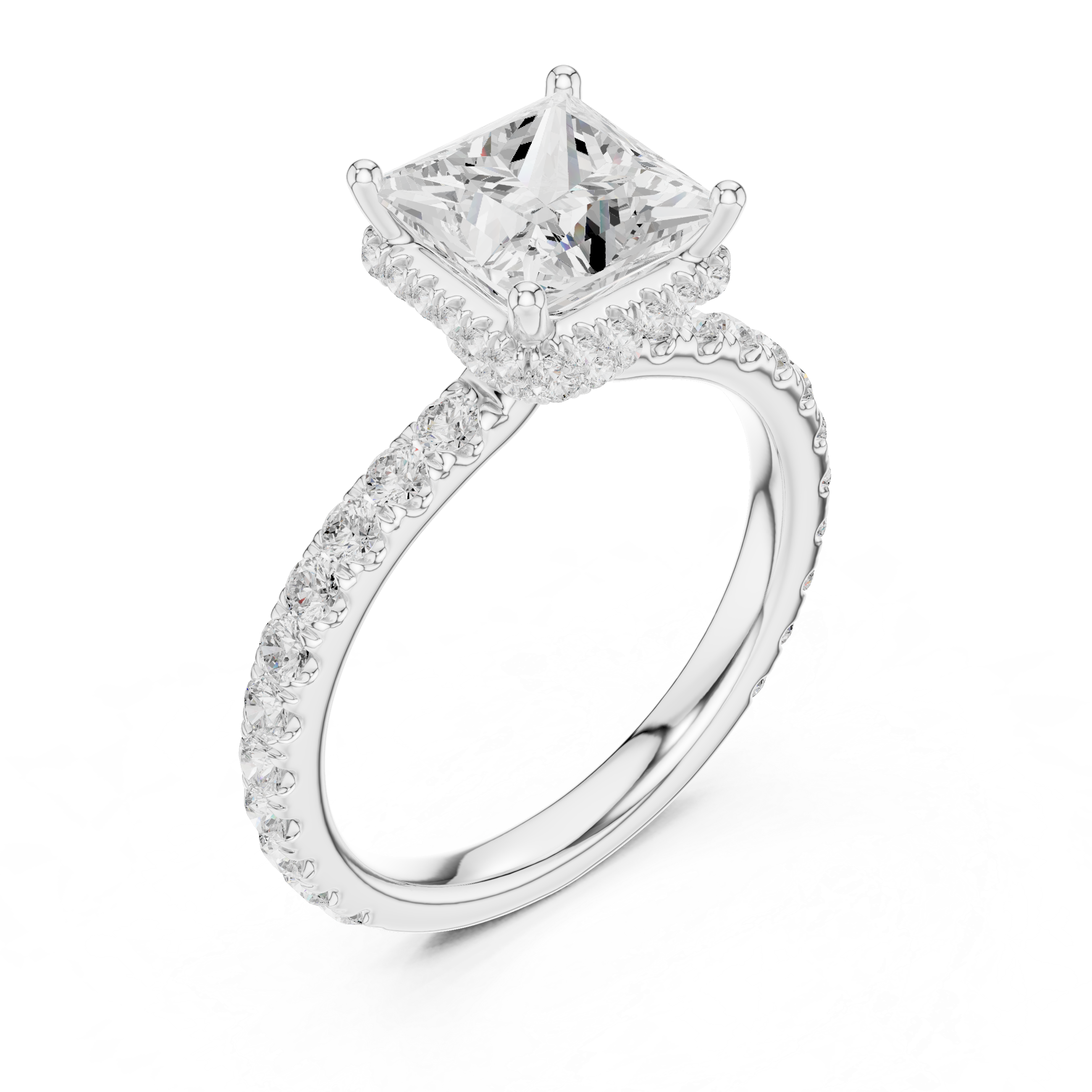 Princess Cut Pavé Engagement Ring with Hidden Halo and Diamond Band