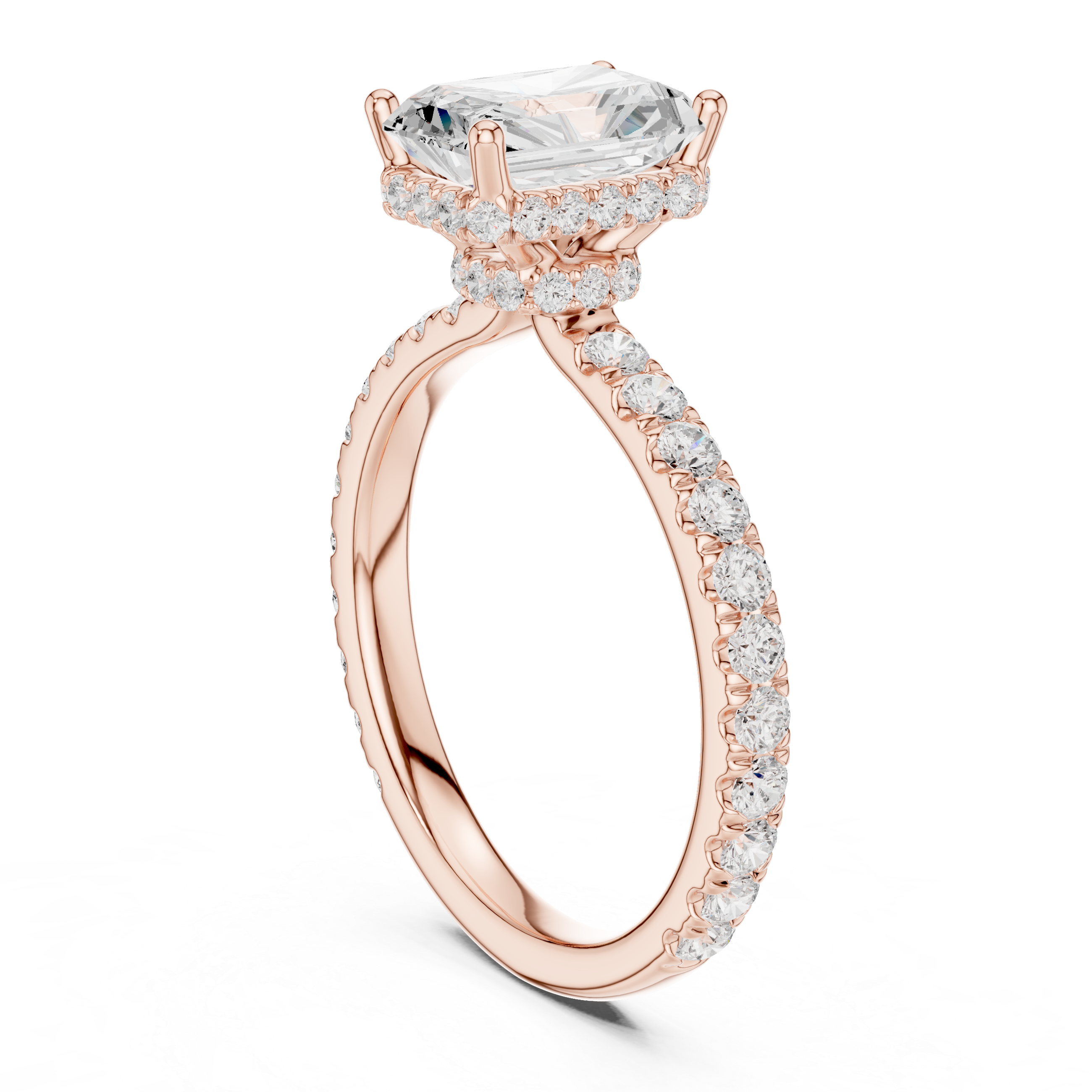 Radiant Cut Pavé Engagement Ring with Hidden Halo and Diamond Band
