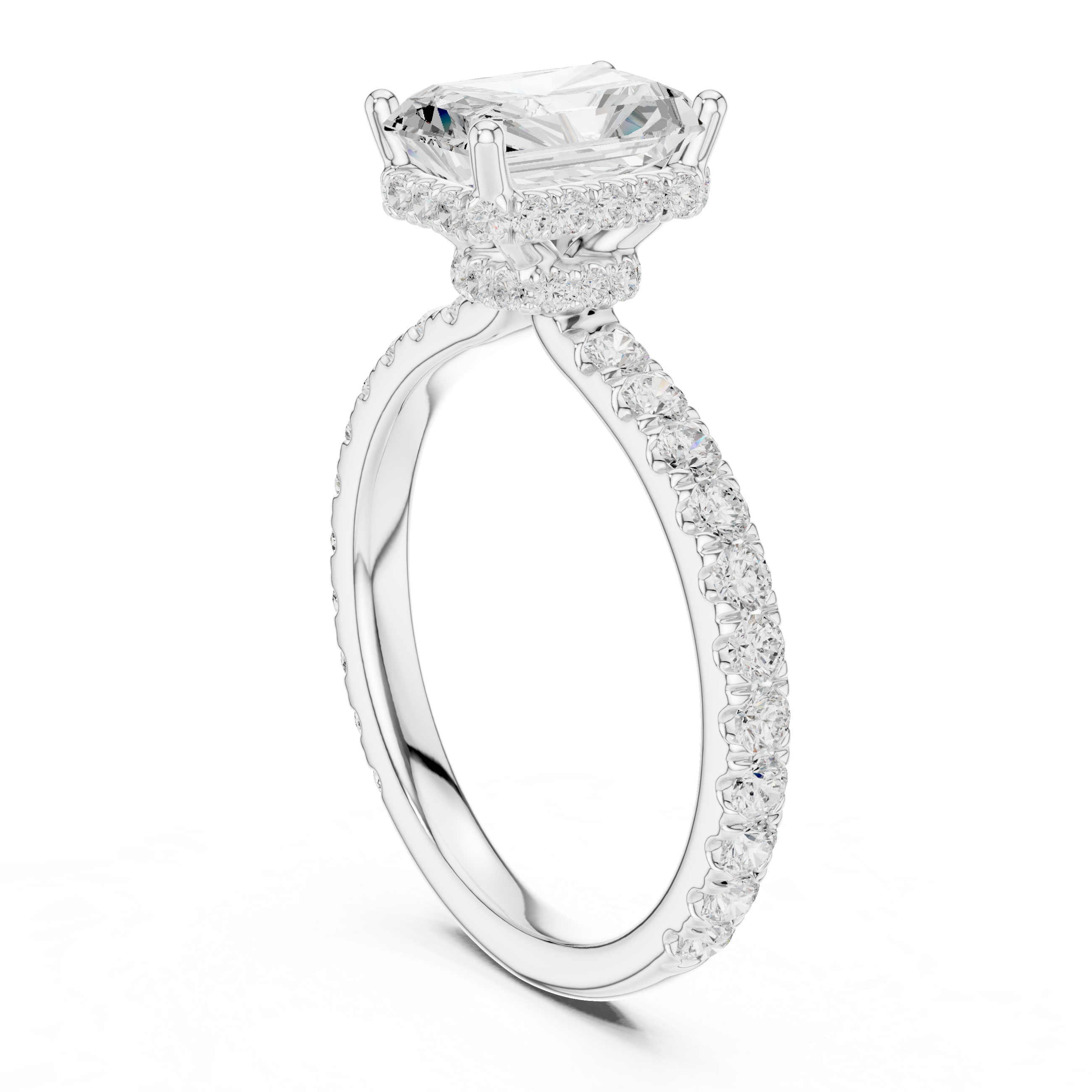 Radiant Cut Pavé Engagement Ring with Hidden Halo and Diamond Band