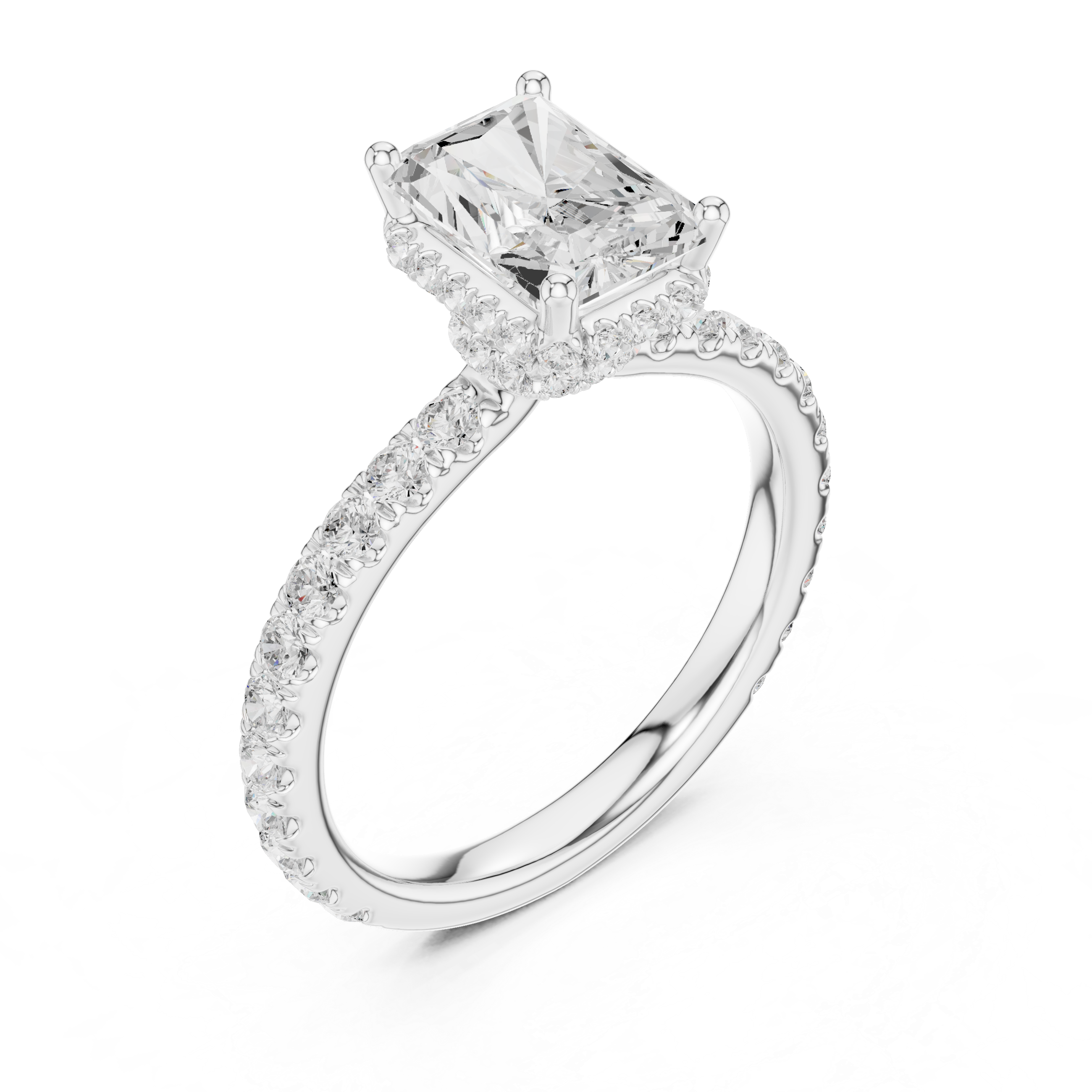 Radiant Cut Pavé Engagement Ring with Hidden Halo and Diamond Band