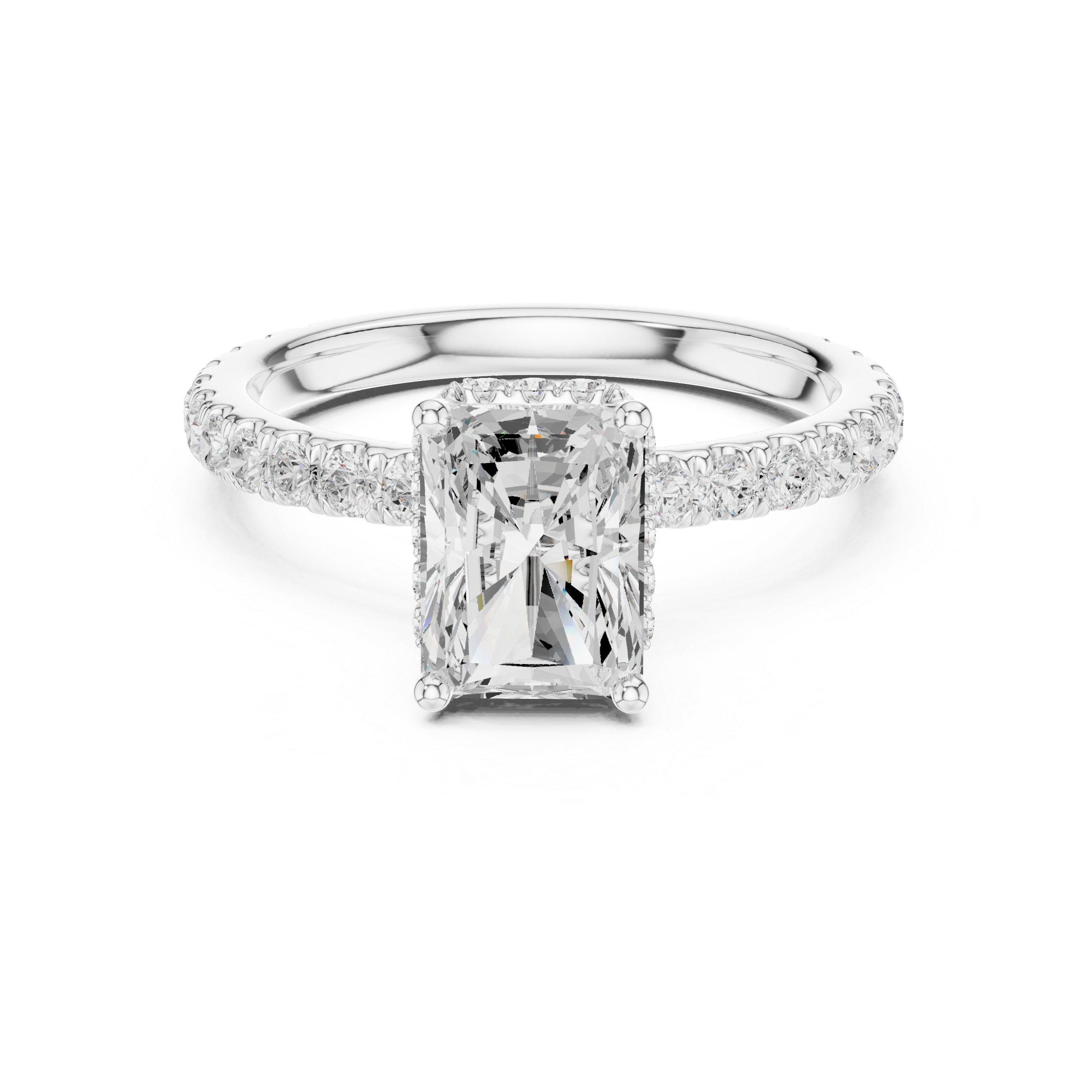 Radiant Cut Pavé Engagement Ring with Hidden Halo and Diamond Band