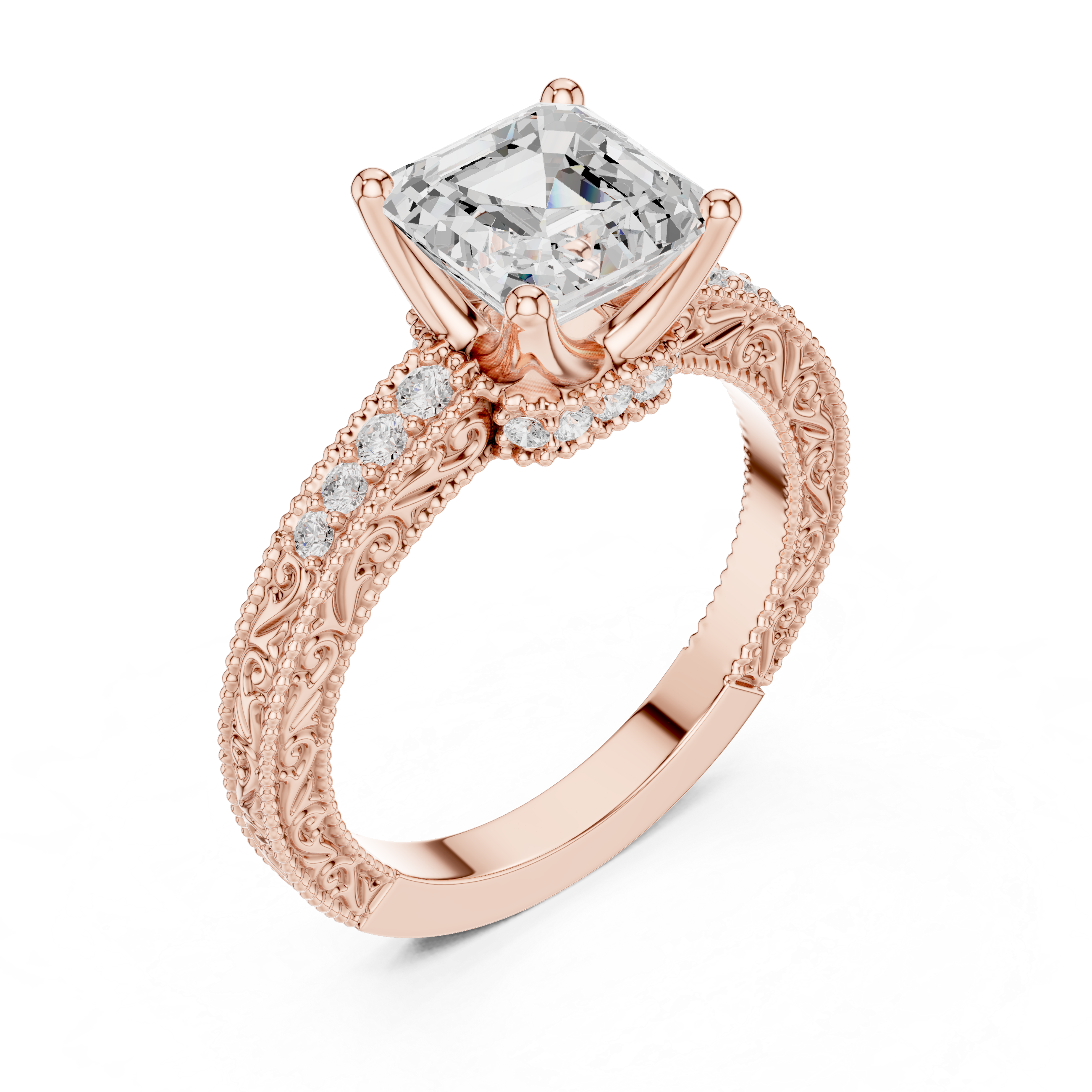 Vintage Milgrain Asscher Cut Engagement Ring with Pavé Diamond Band