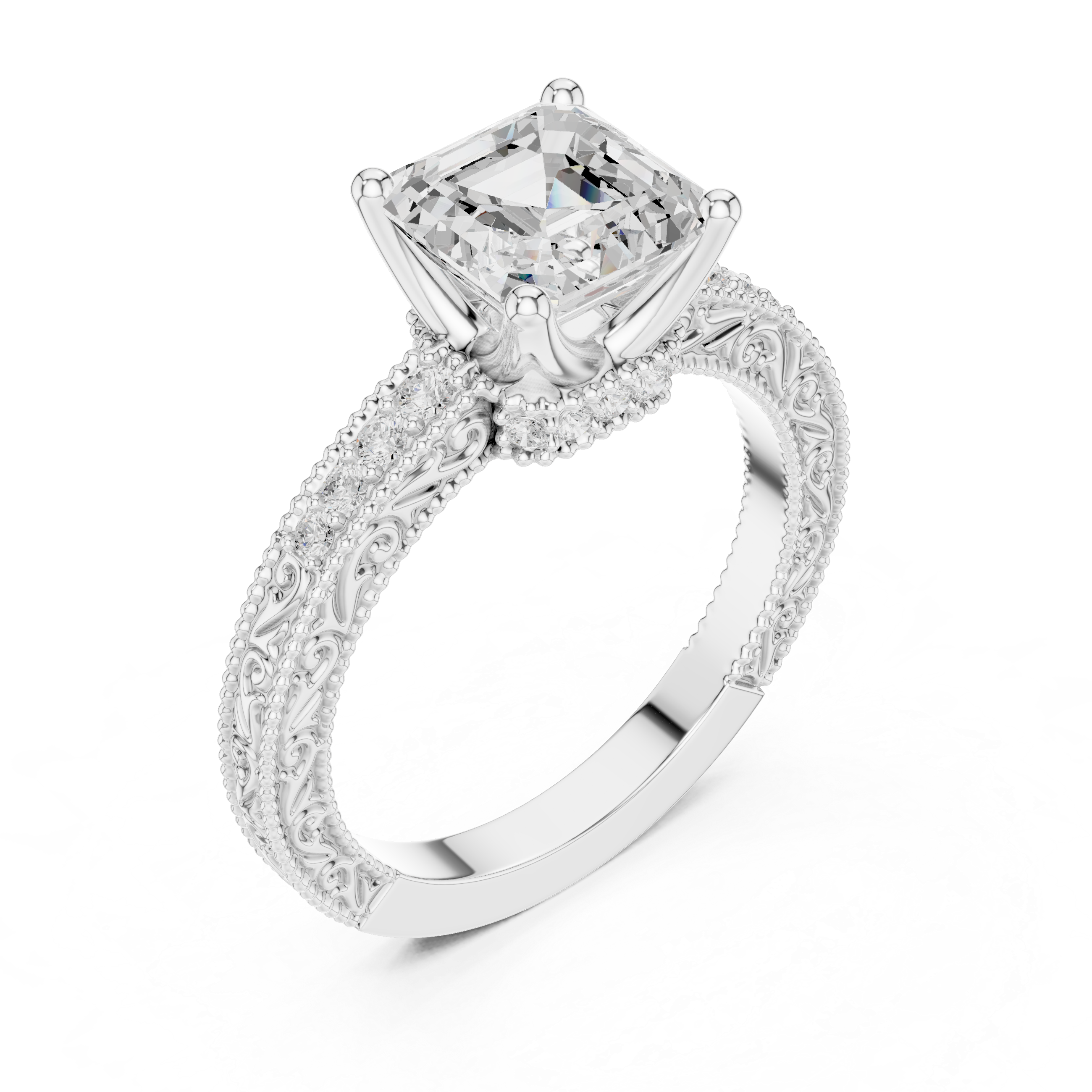 Vintage Milgrain Asscher Cut Engagement Ring with Pavé Diamond Band