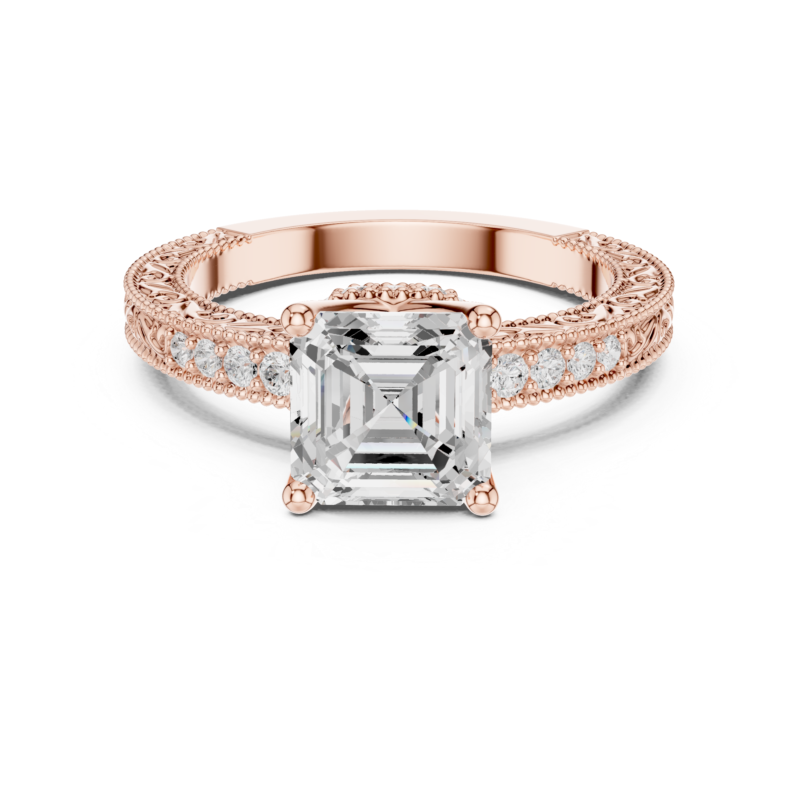 Vintage Milgrain Asscher Cut Engagement Ring with Pavé Diamond Band