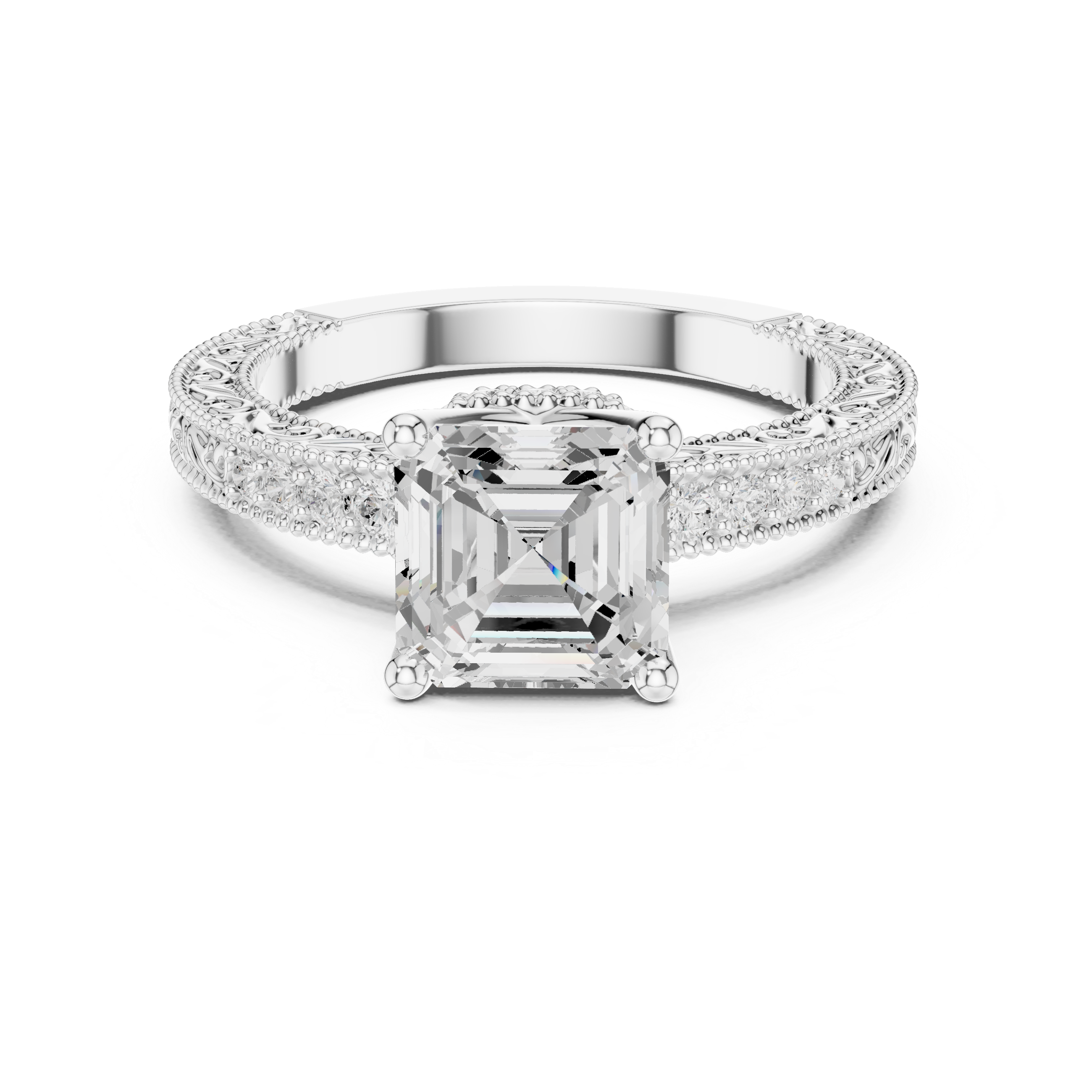 Vintage Milgrain Asscher Cut Engagement Ring with Pavé Diamond Band
