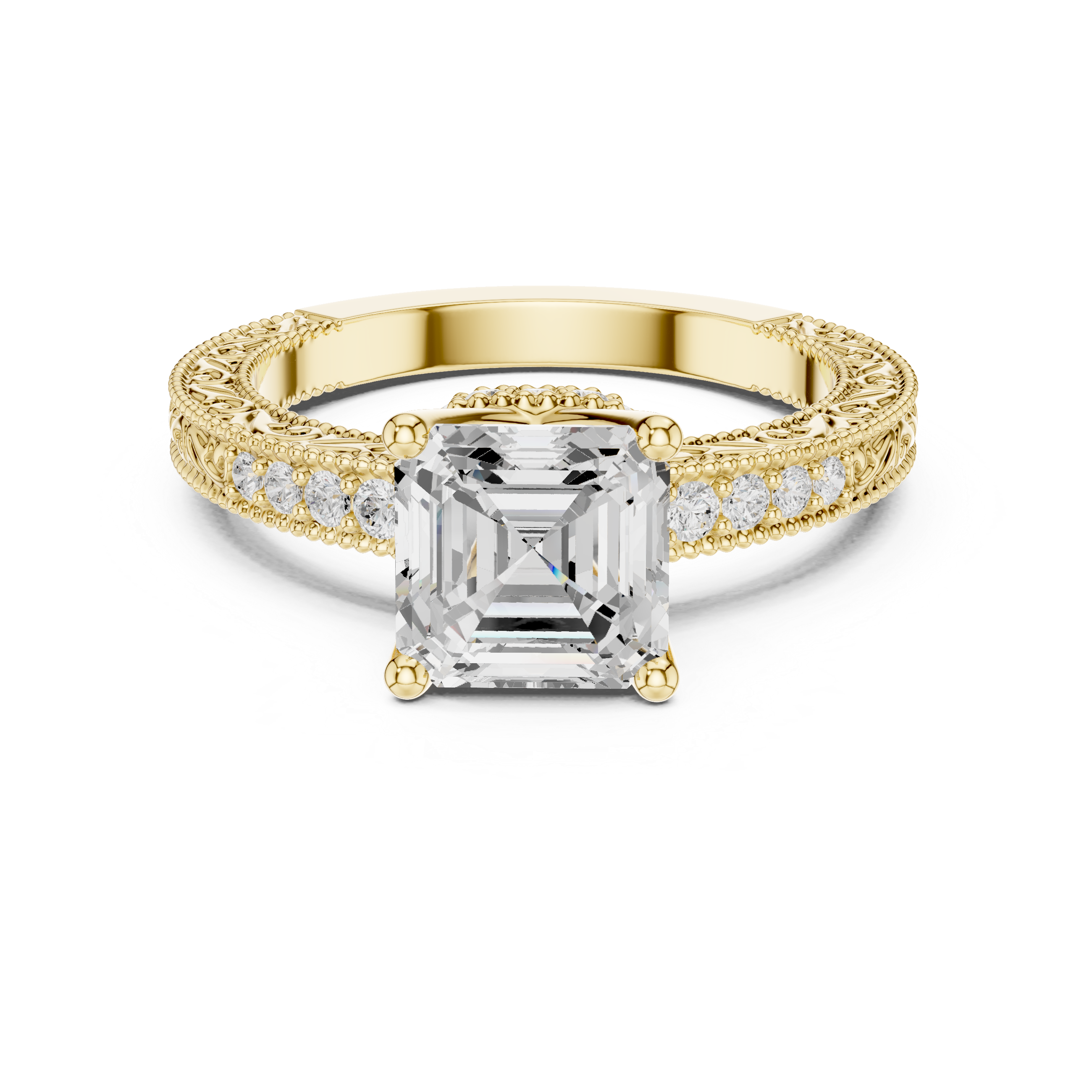 Vintage Milgrain Asscher Cut Engagement Ring with Pavé Diamond Band