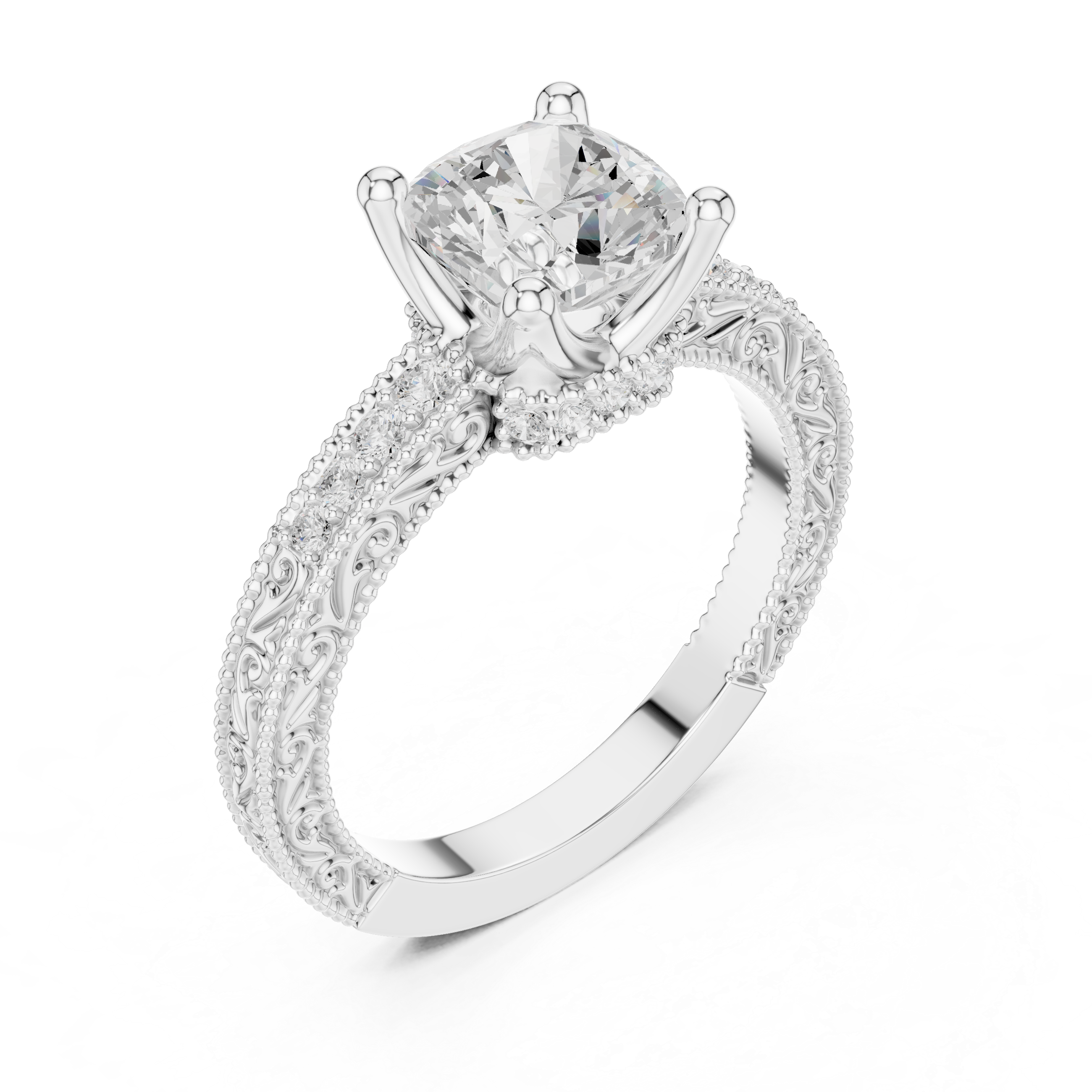 Vintage Milgrain Cushion Cut Engagement Ring with Pavé Diamond Band