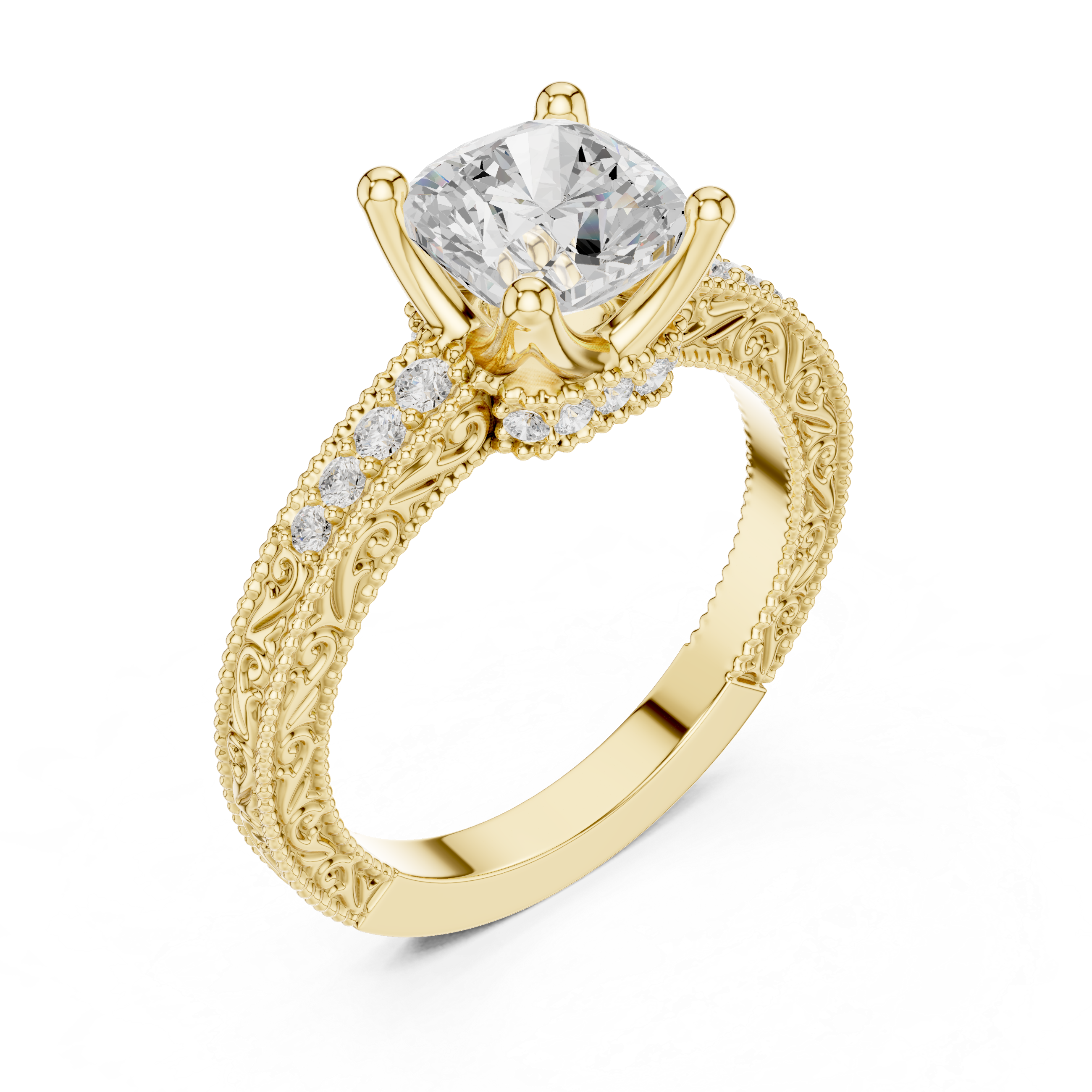 Vintage Milgrain Cushion Cut Engagement Ring with Pavé Diamond Band