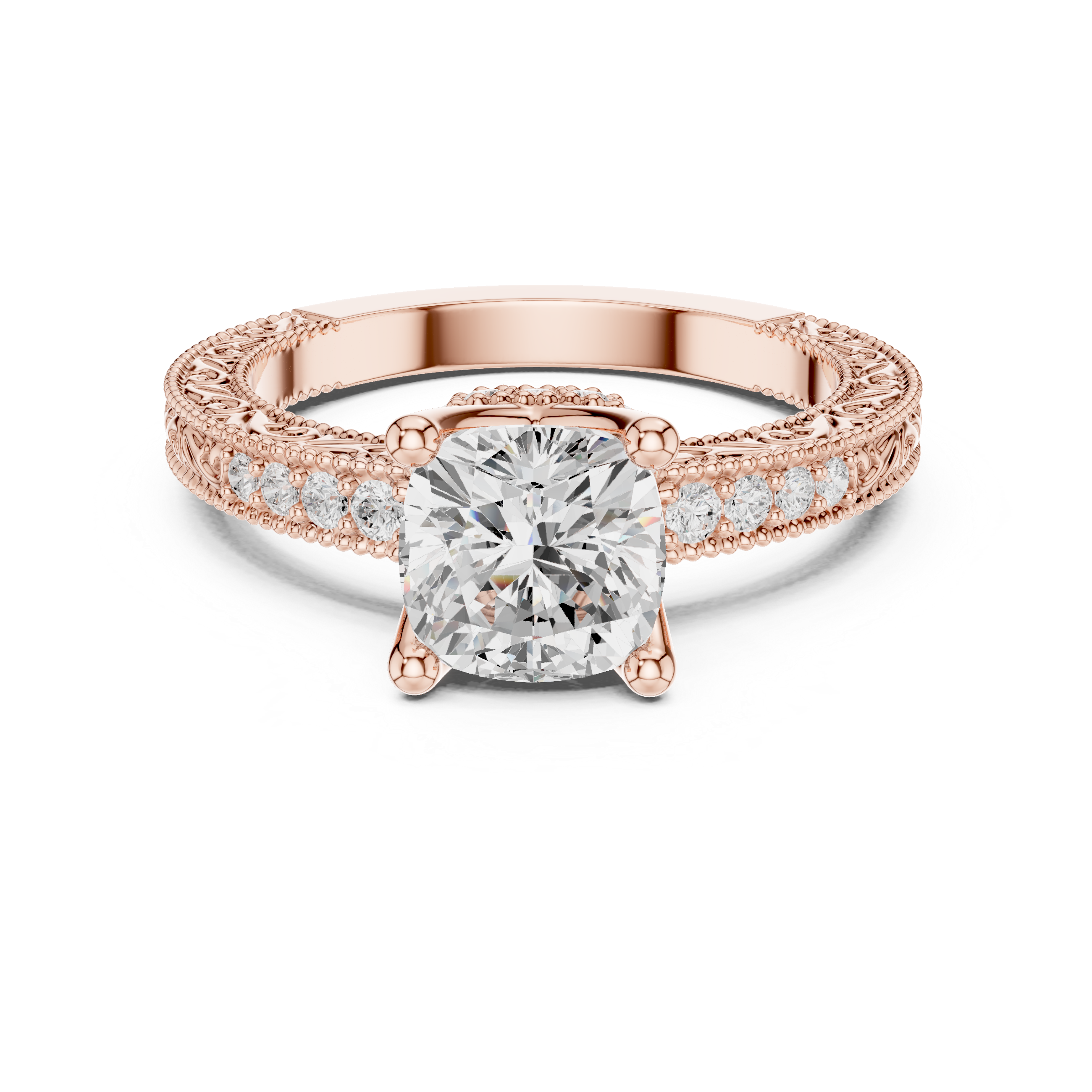 Vintage Milgrain Cushion Cut Engagement Ring with Pavé Diamond Band