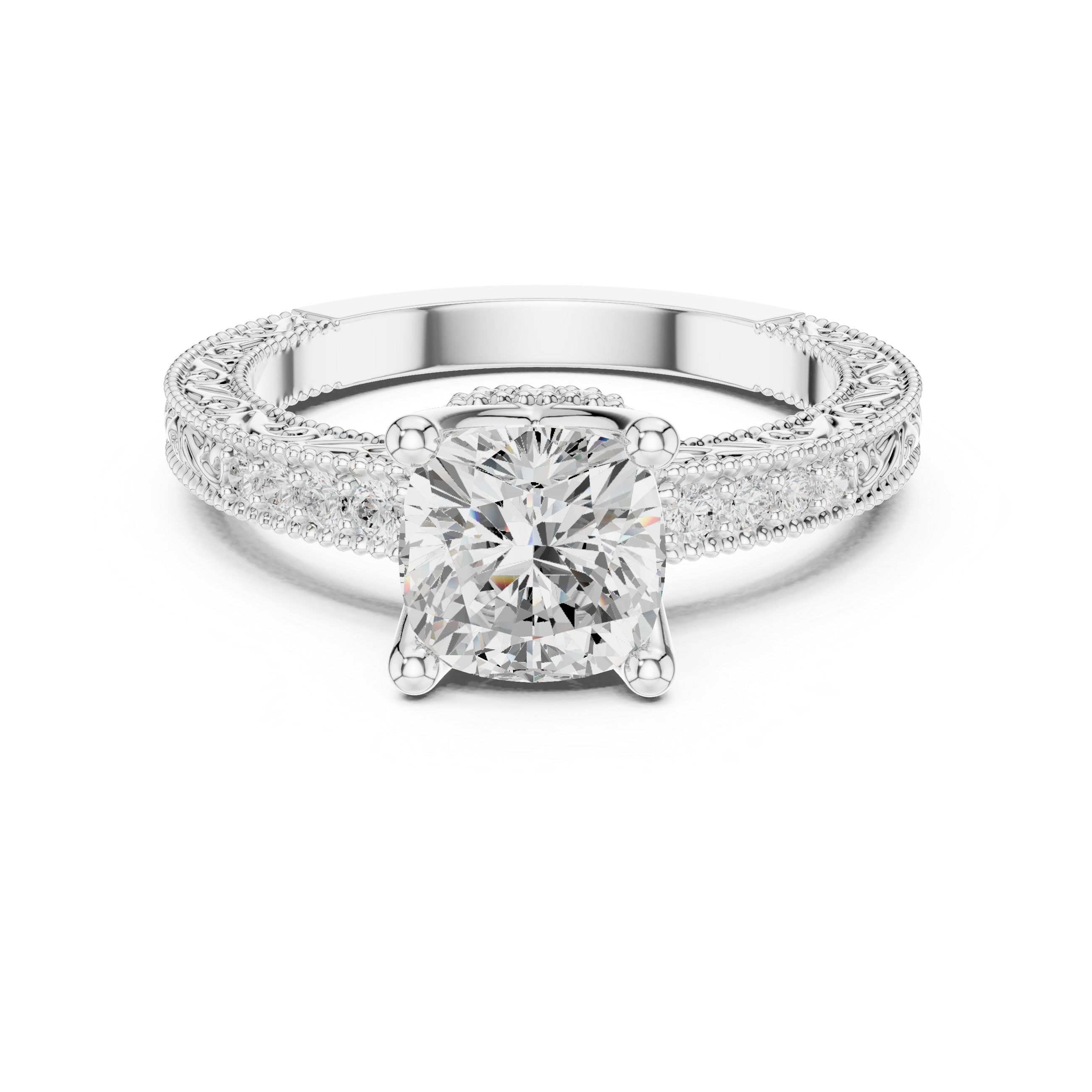 Vintage Milgrain Cushion Cut Engagement Ring with Pavé Diamond Band