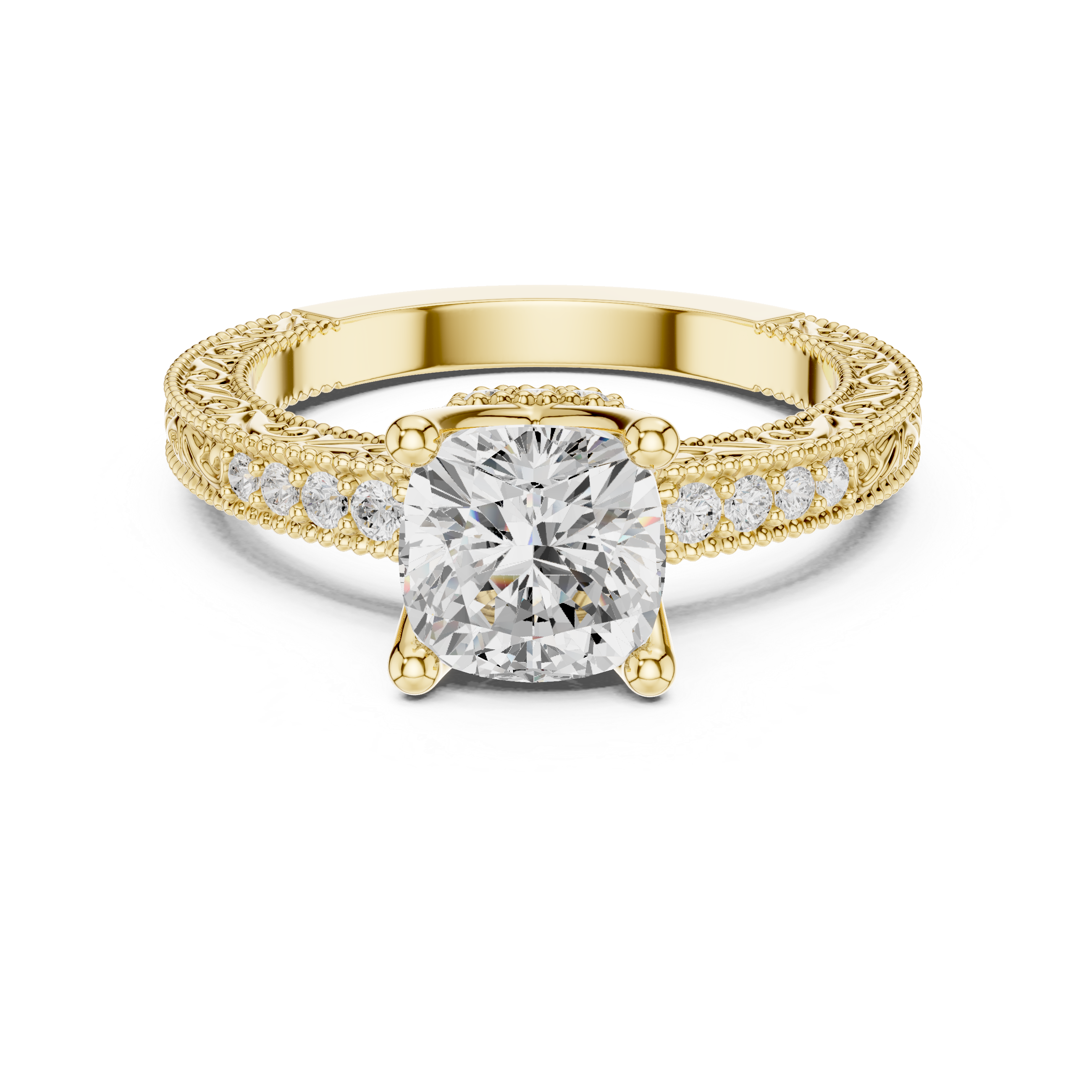 Vintage Milgrain Cushion Cut Engagement Ring with Pavé Diamond Band