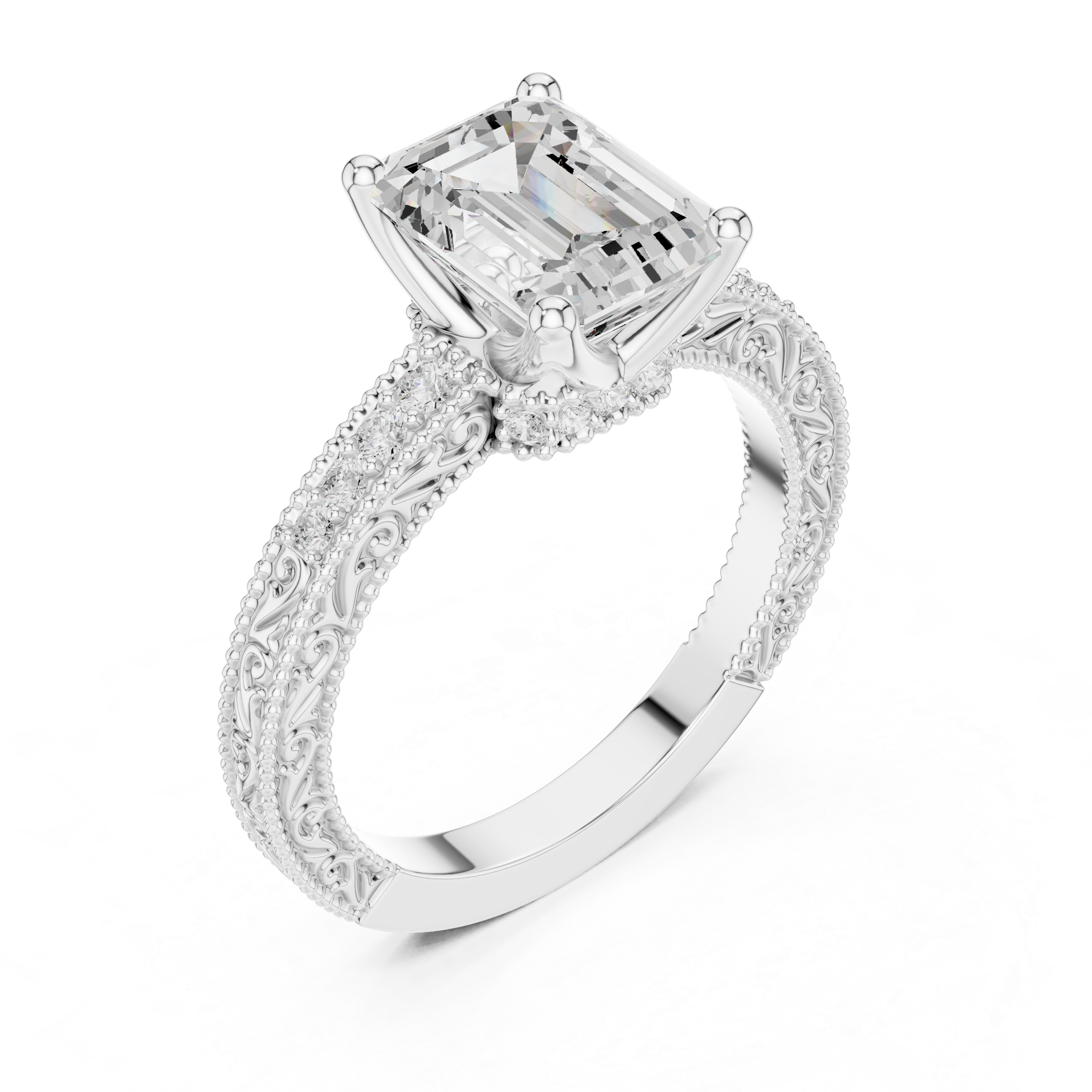 Vintage Milgrain Emerald Cut Engagement Ring with Pavé Diamond Band