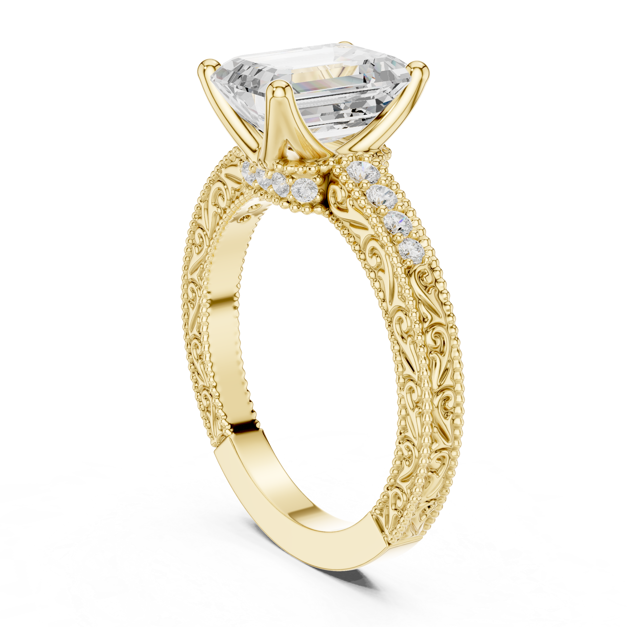 Vintage Milgrain Emerald Cut Engagement Ring with Pavé Diamond Band
