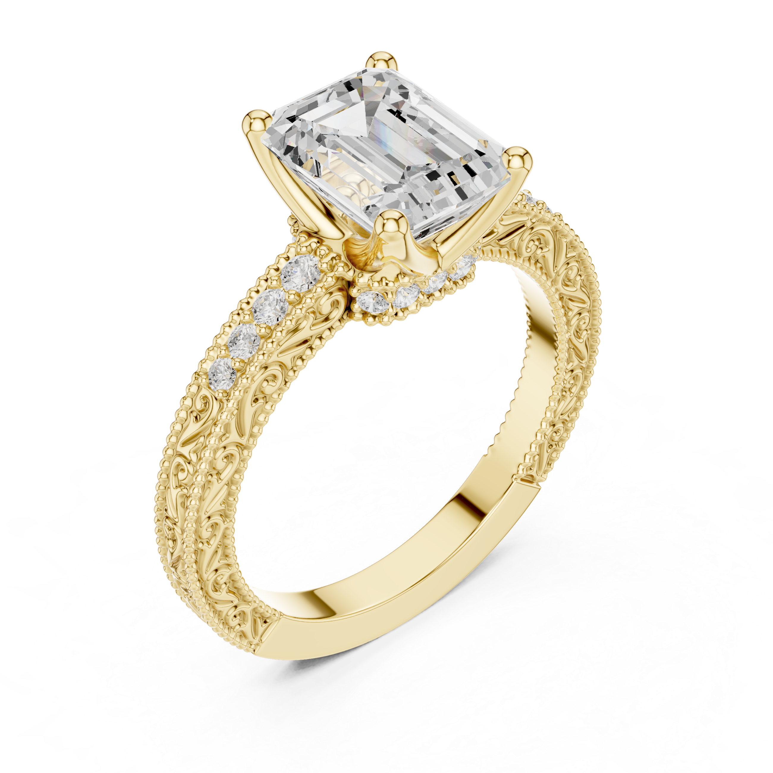Vintage Milgrain Emerald Cut Engagement Ring with Pavé Diamond Band