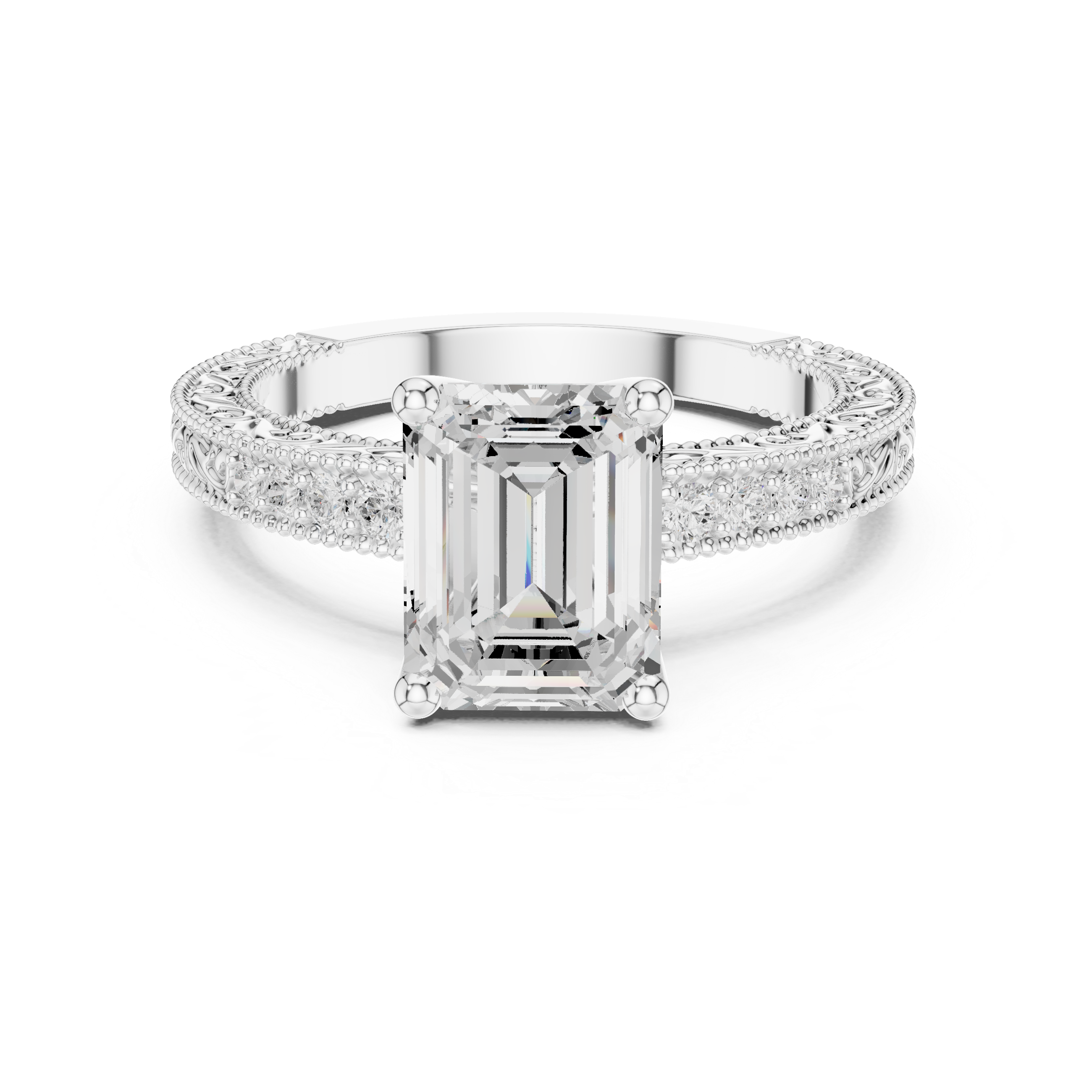 Vintage Milgrain Emerald Cut Engagement Ring with Pavé Diamond Band