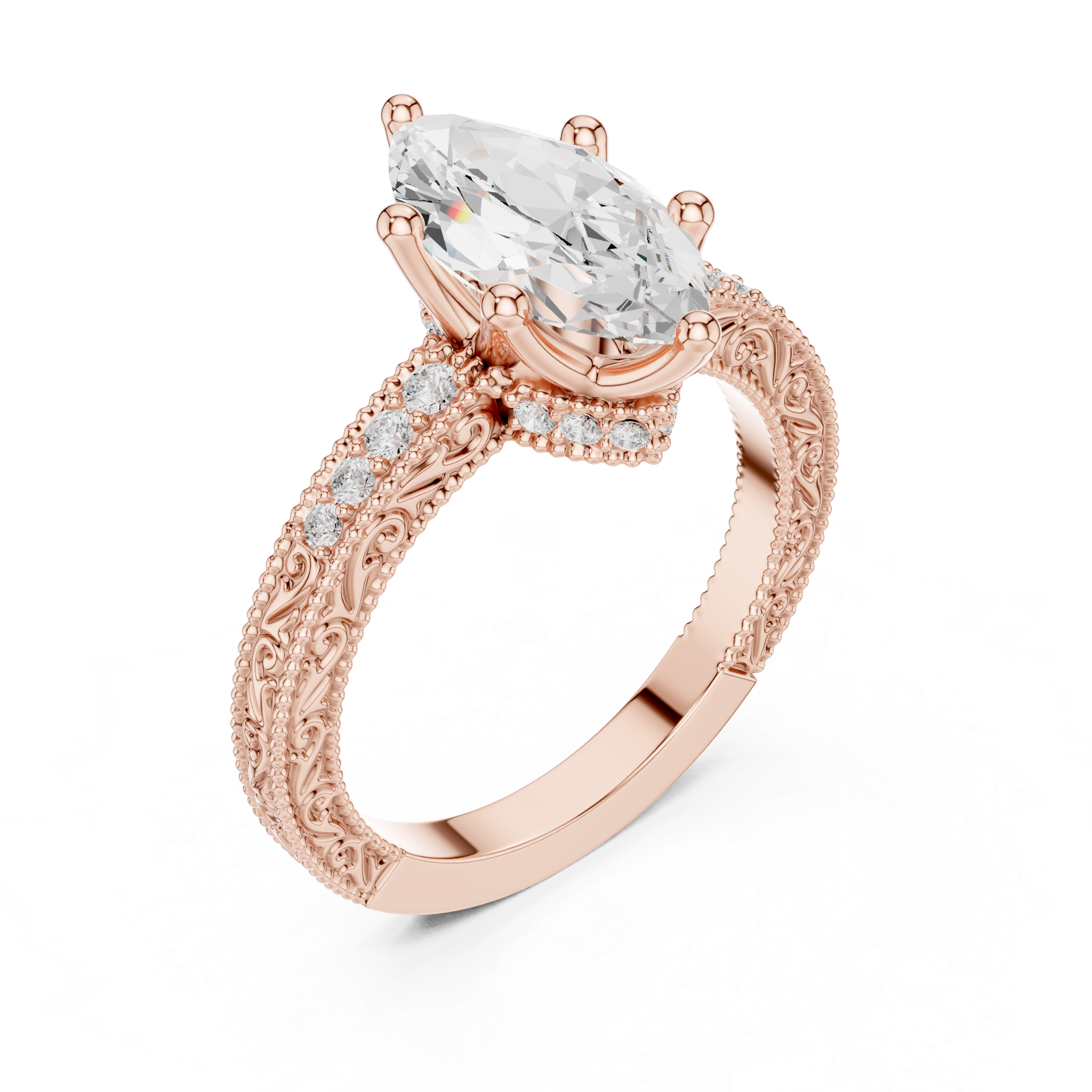 Vintage Milgrain Marquise Cut Engagement Ring with Pavé Diamond Accents