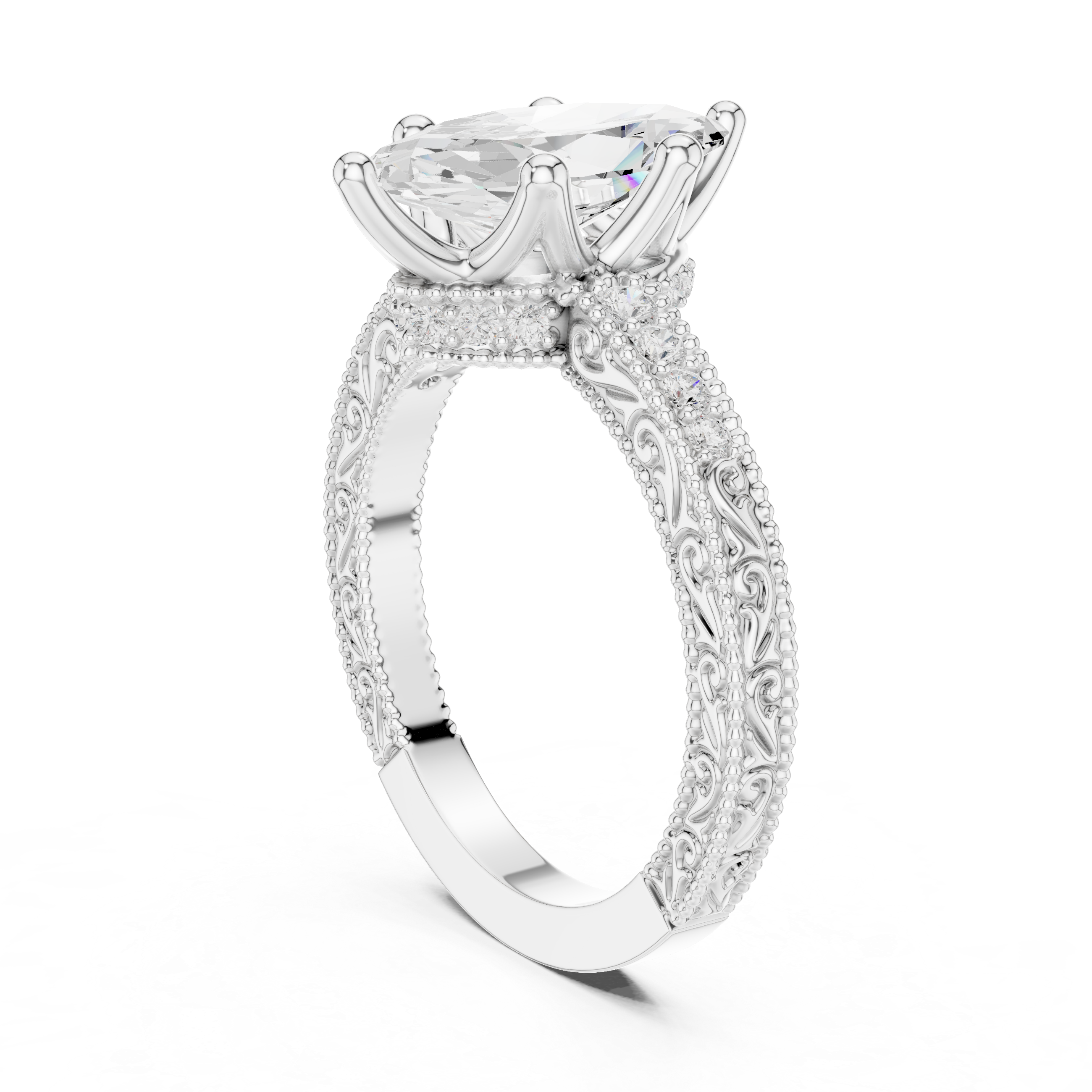 Vintage Milgrain Marquise Cut Engagement Ring with Pavé Diamond Accents