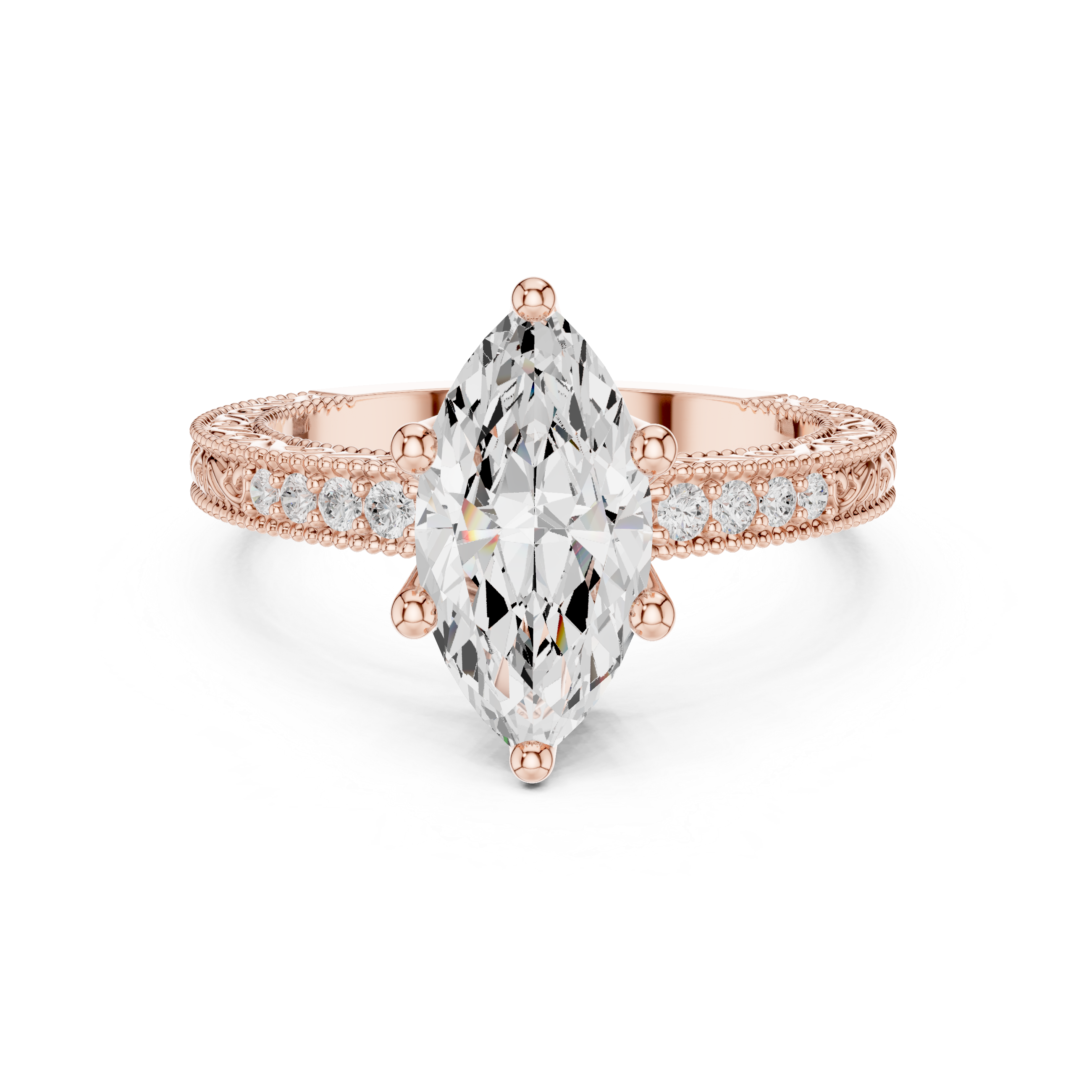 Vintage Milgrain Marquise Cut Engagement Ring with Pavé Diamond Accents