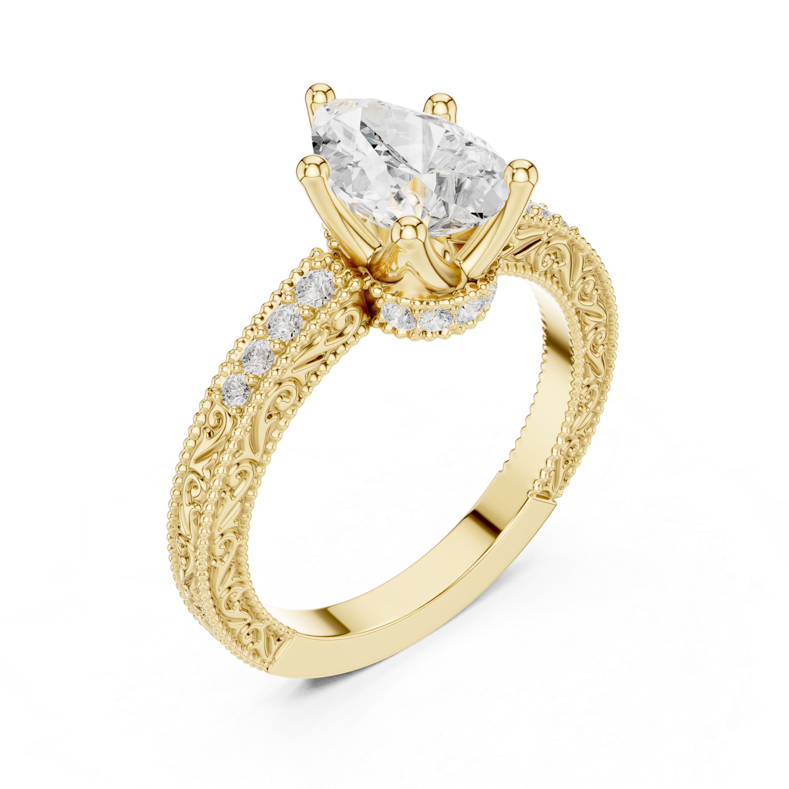 Vintage Milgrain Pear Cut Engagement Ring with Pavé Diamond Accents