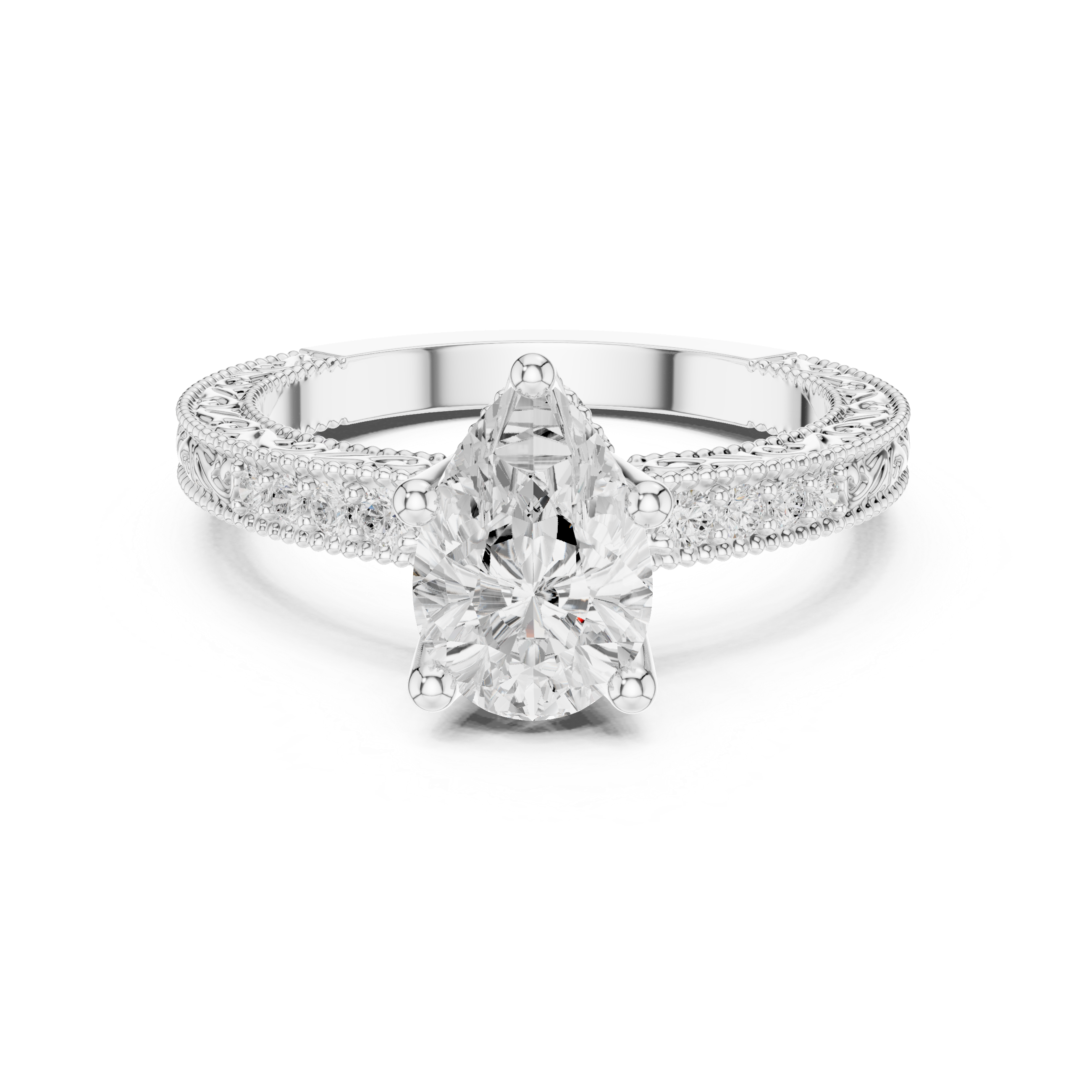Vintage Milgrain Pear Cut Engagement Ring with Pavé Diamond Accents