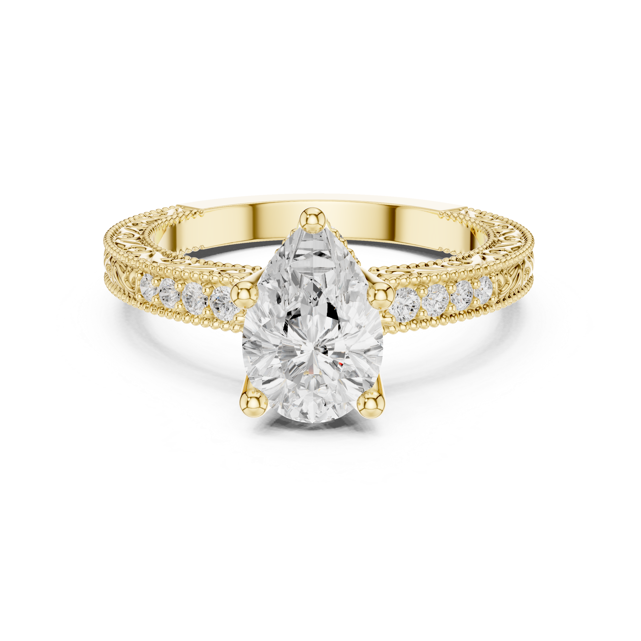 Vintage Milgrain Pear Cut Engagement Ring with Pavé Diamond Accents