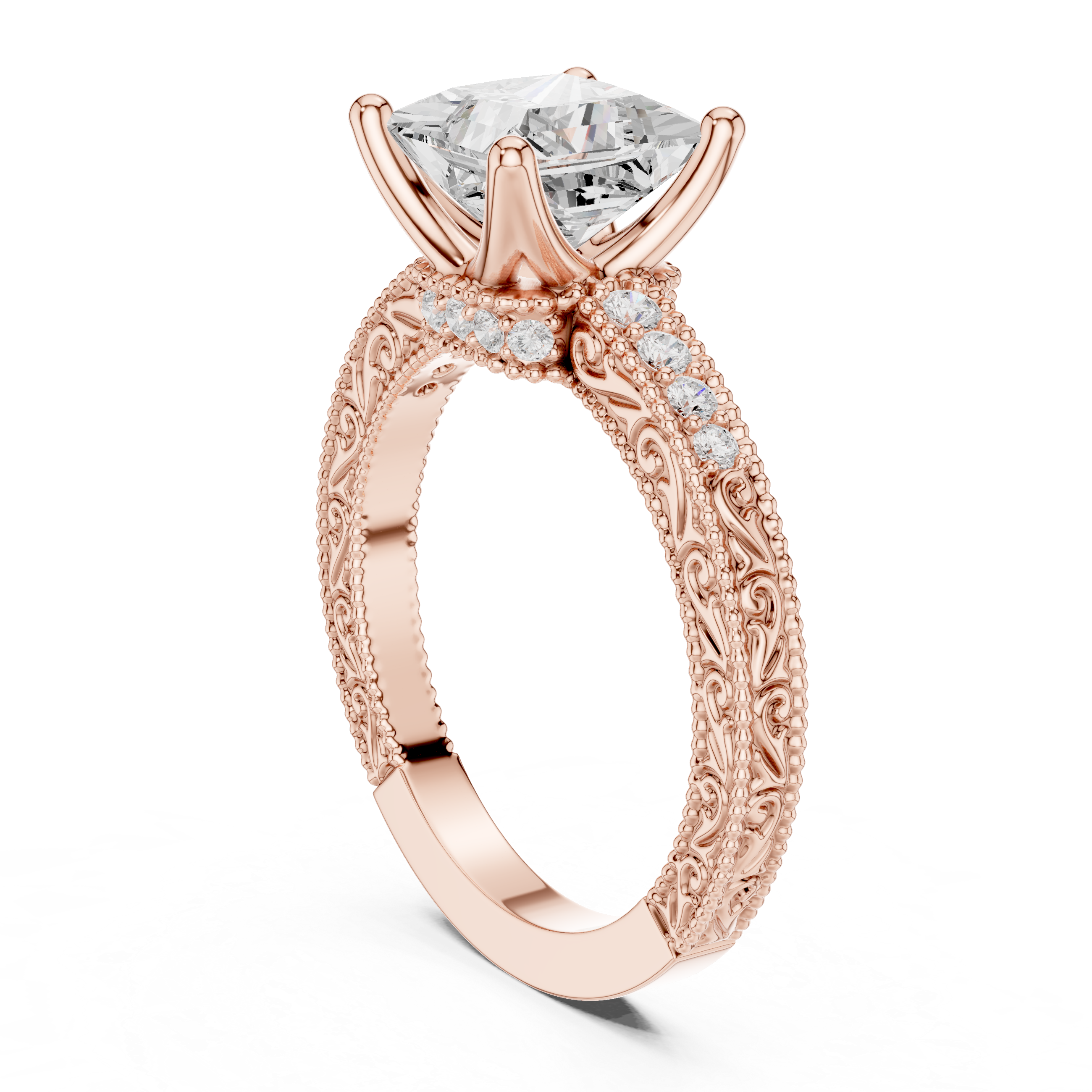 Vintage Milgrain Princess Cut Engagement Ring with Pavé Diamond Accents